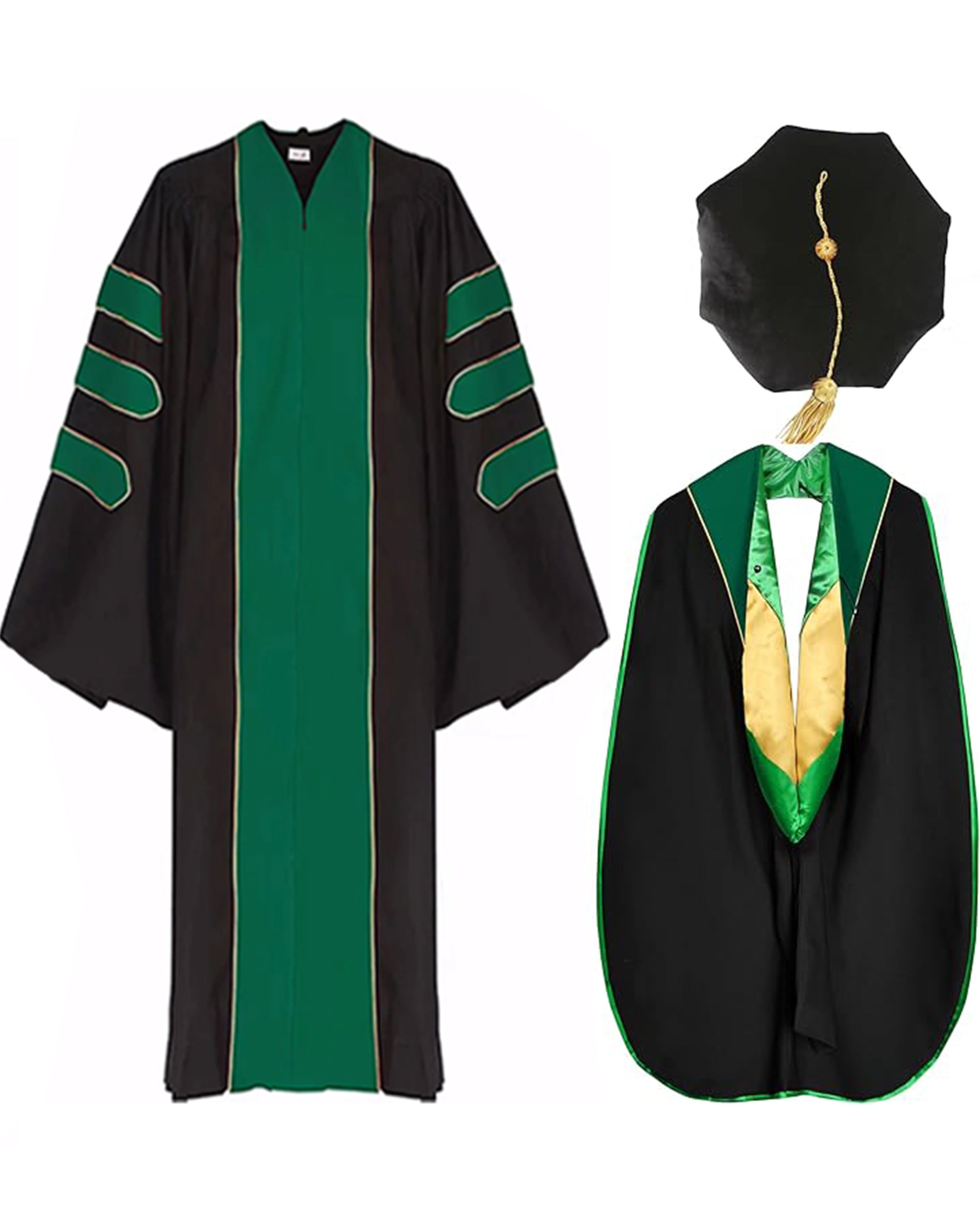 Deluxe Doctoral Graduation Gown with Gold Piping Plus Doctoral Tam and Doctoral Hood  Package