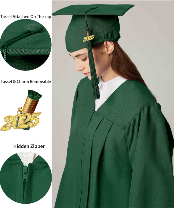 GraduationService Unisex  Matte Graduation Cap & Gown with Tassel 2025 Year Charm Rich Color