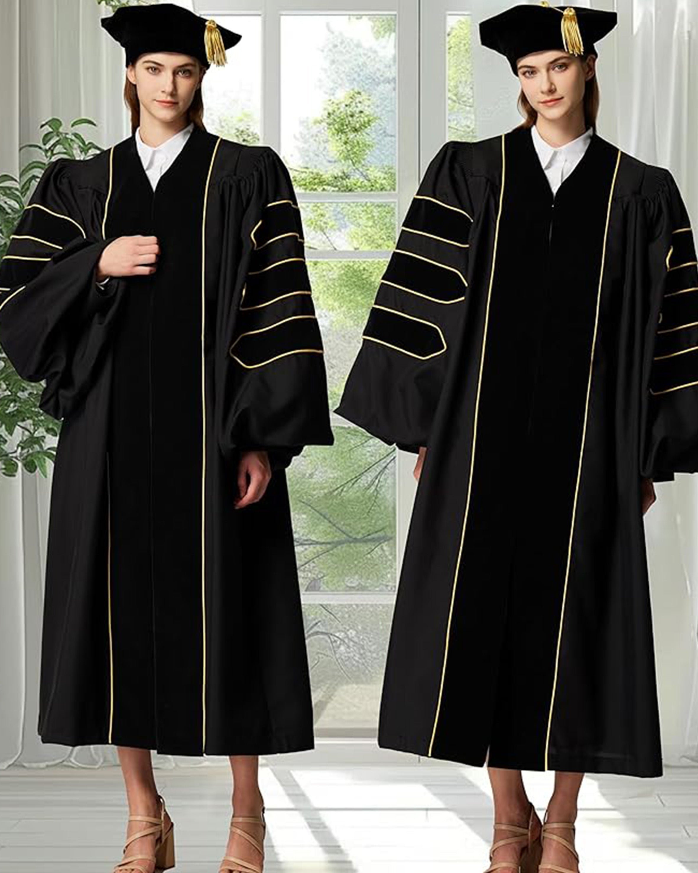Deluxe Doctoral Graduation Gown with Gold Piping and Doctoral Tam Package (Black Velvet)