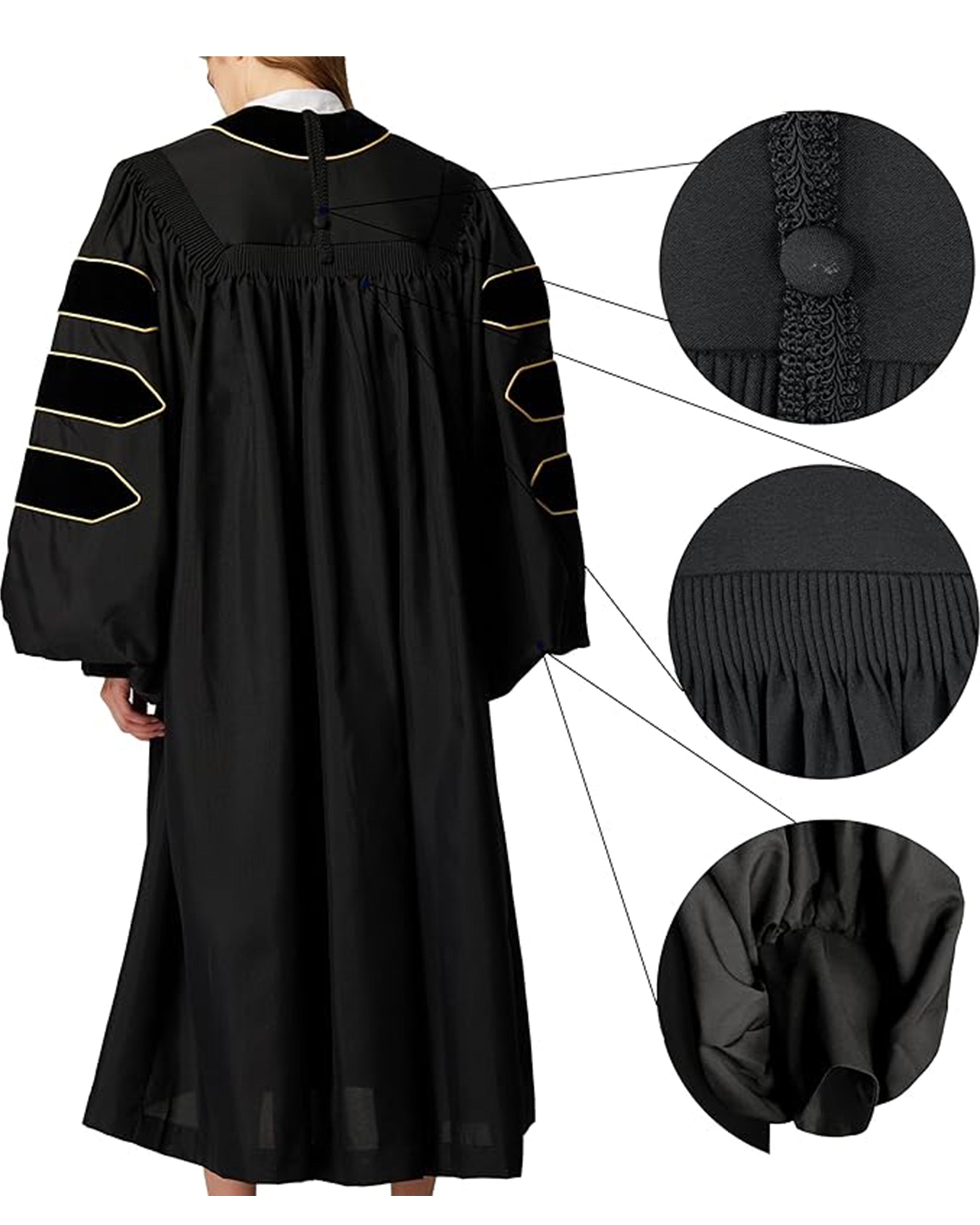 Deluxe Doctoral Graduation Gown with Gold Piping and Doctoral Tam Package (Black Velvet)