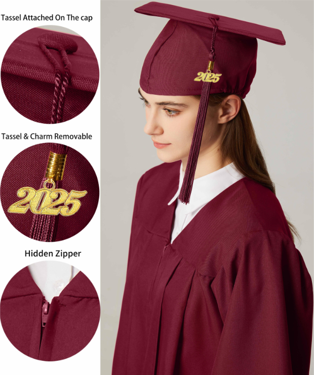GraduationService Unisex  Matte Graduation Cap & Gown with Tassel 2025 Year Charm Rich Color