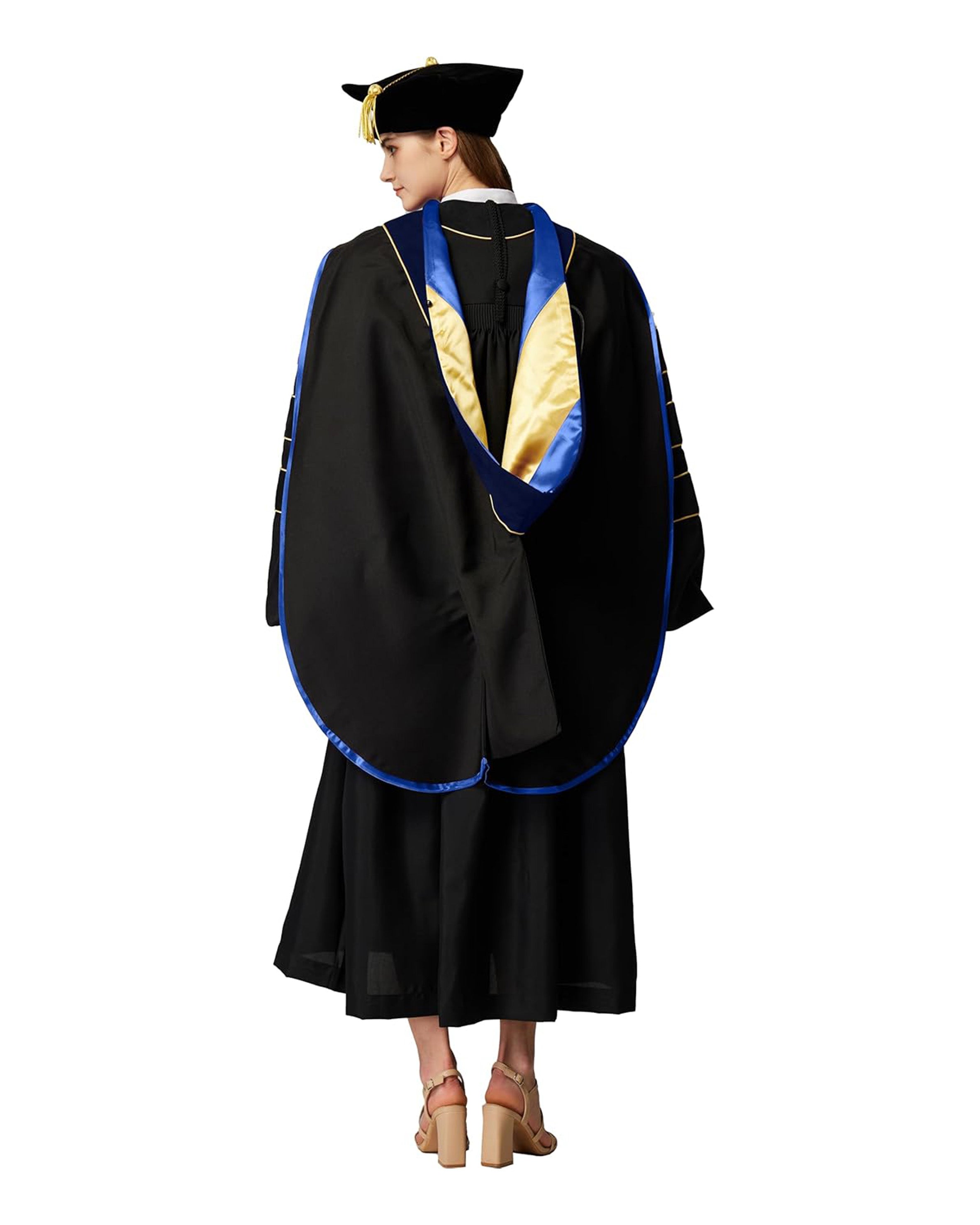Deluxe Doctoral Graduation Gown with Gold Piping Plus Doctoral Tam and Doctoral Hood  Package