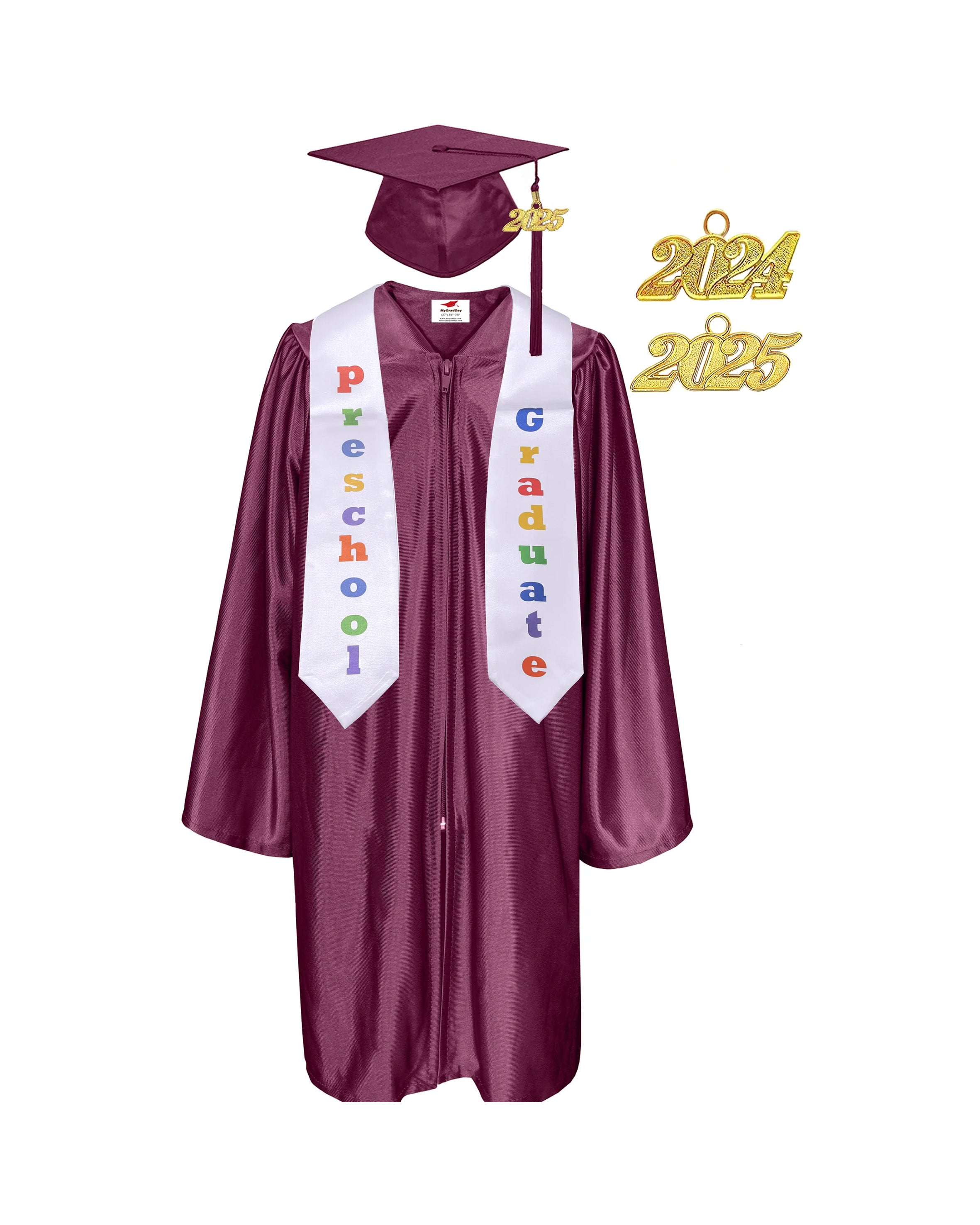 Shiny Preschool and Kindergarten Graduation Gown & Cap Tassel with 2025 Year Charm and stole