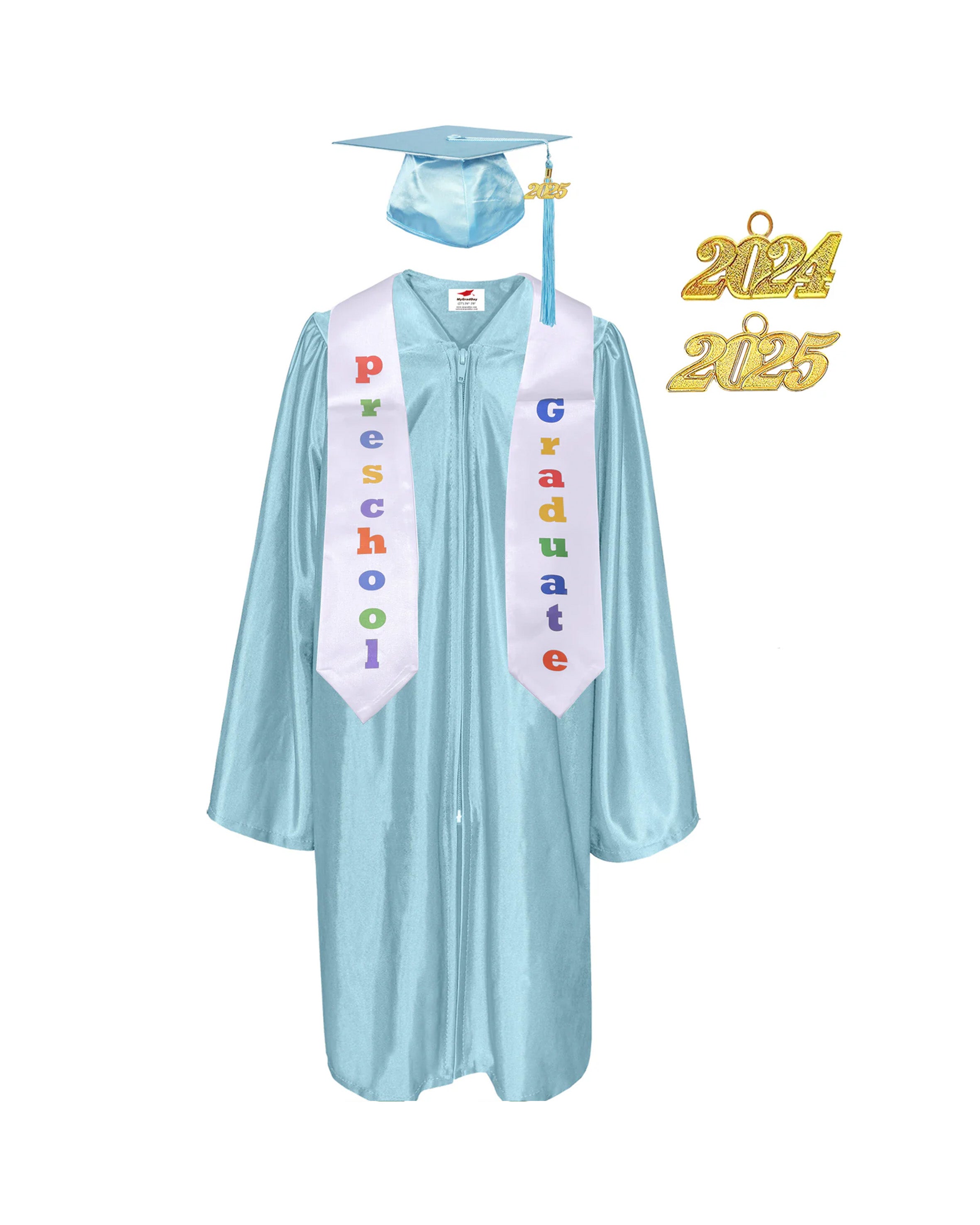 Shiny Preschool and Kindergarten Graduation Gown & Cap Tassel with 2025 Year Charm and stole