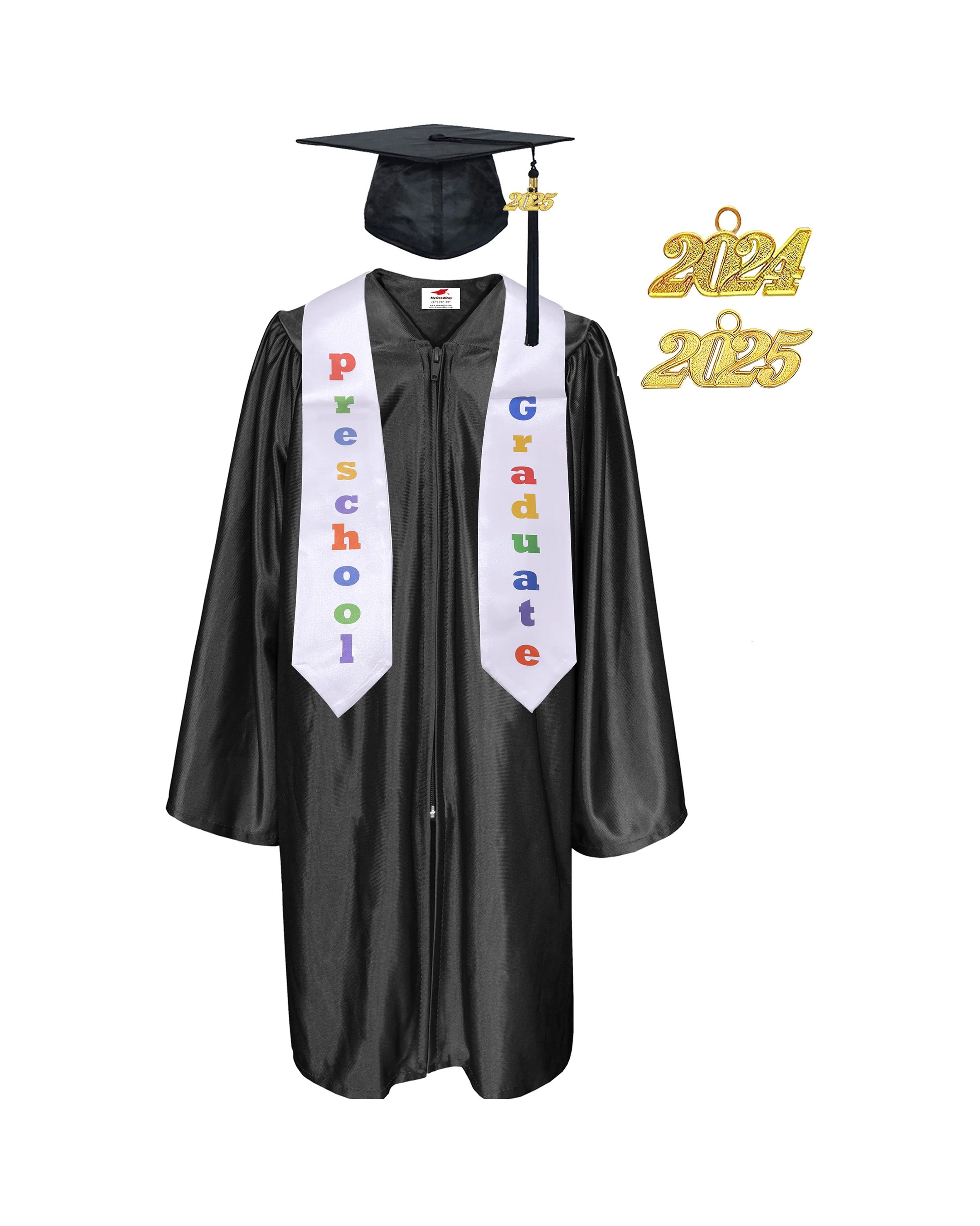 Shiny Preschool and Kindergarten Graduation Gown & Cap Tassel with 2025 Year Charm and stole