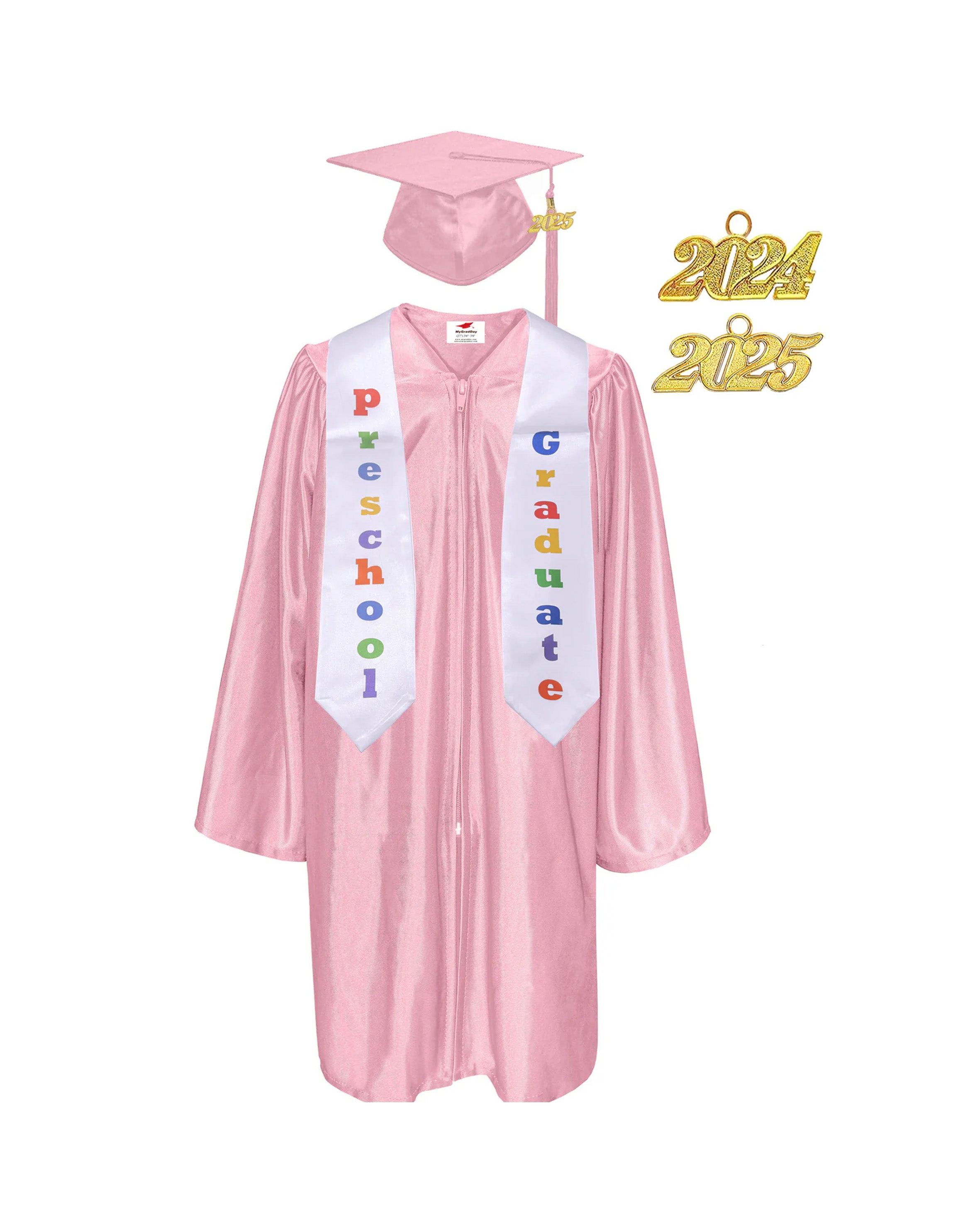 Shiny Preschool and Kindergarten Graduation Gown & Cap Tassel with 2025 Year Charm and stole