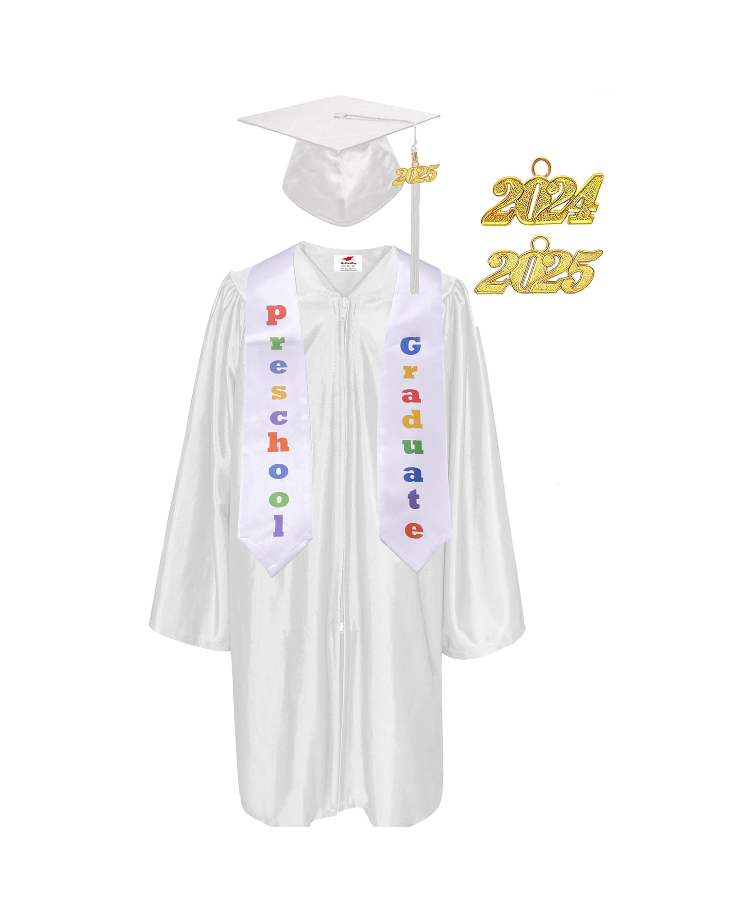 Shiny Preschool and Kindergarten Graduation Gown & Cap Tassel with 2025 Year Charm and stole