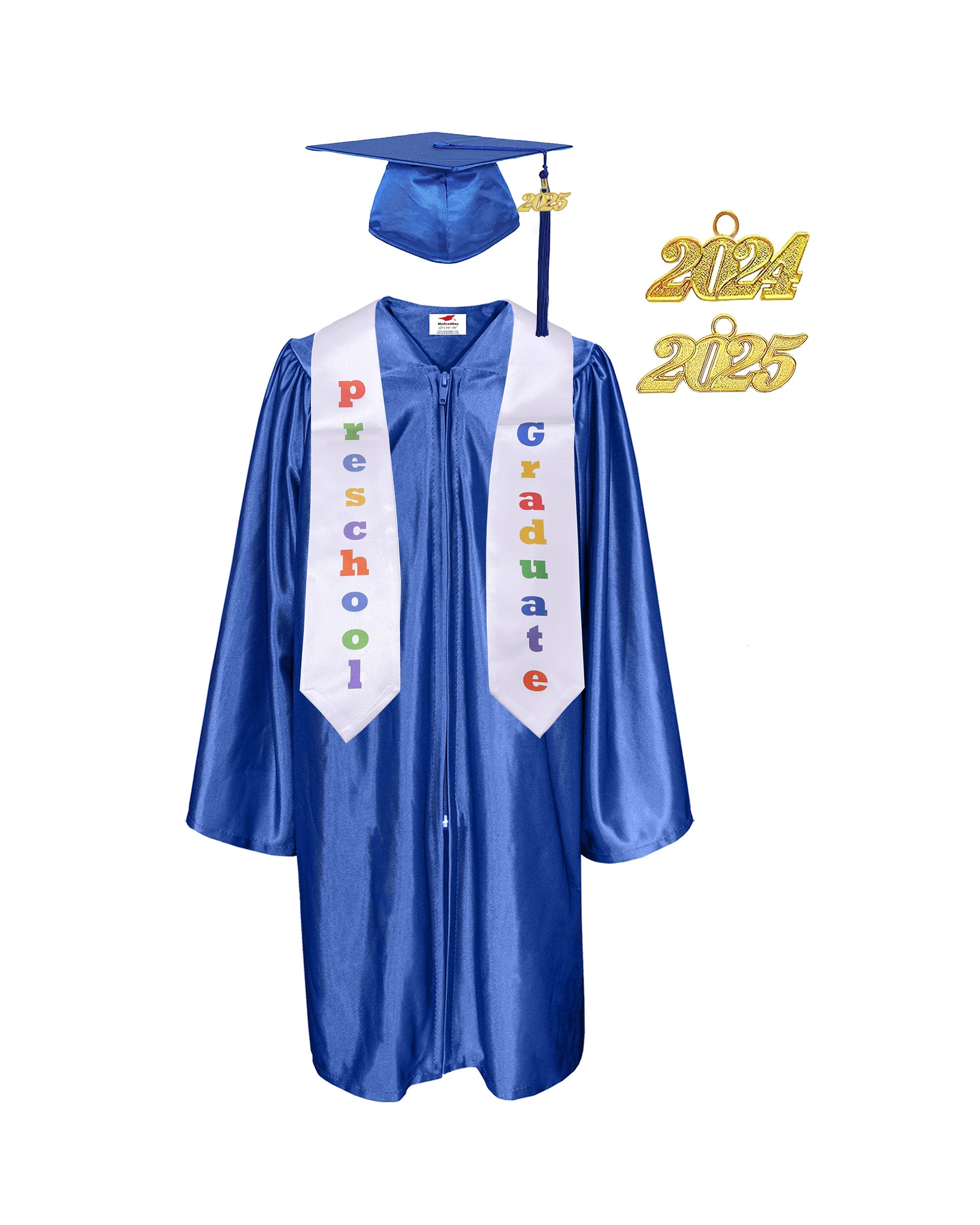 Shiny Preschool and Kindergarten Graduation Gown & Cap Tassel with 2025 Year Charm and stole