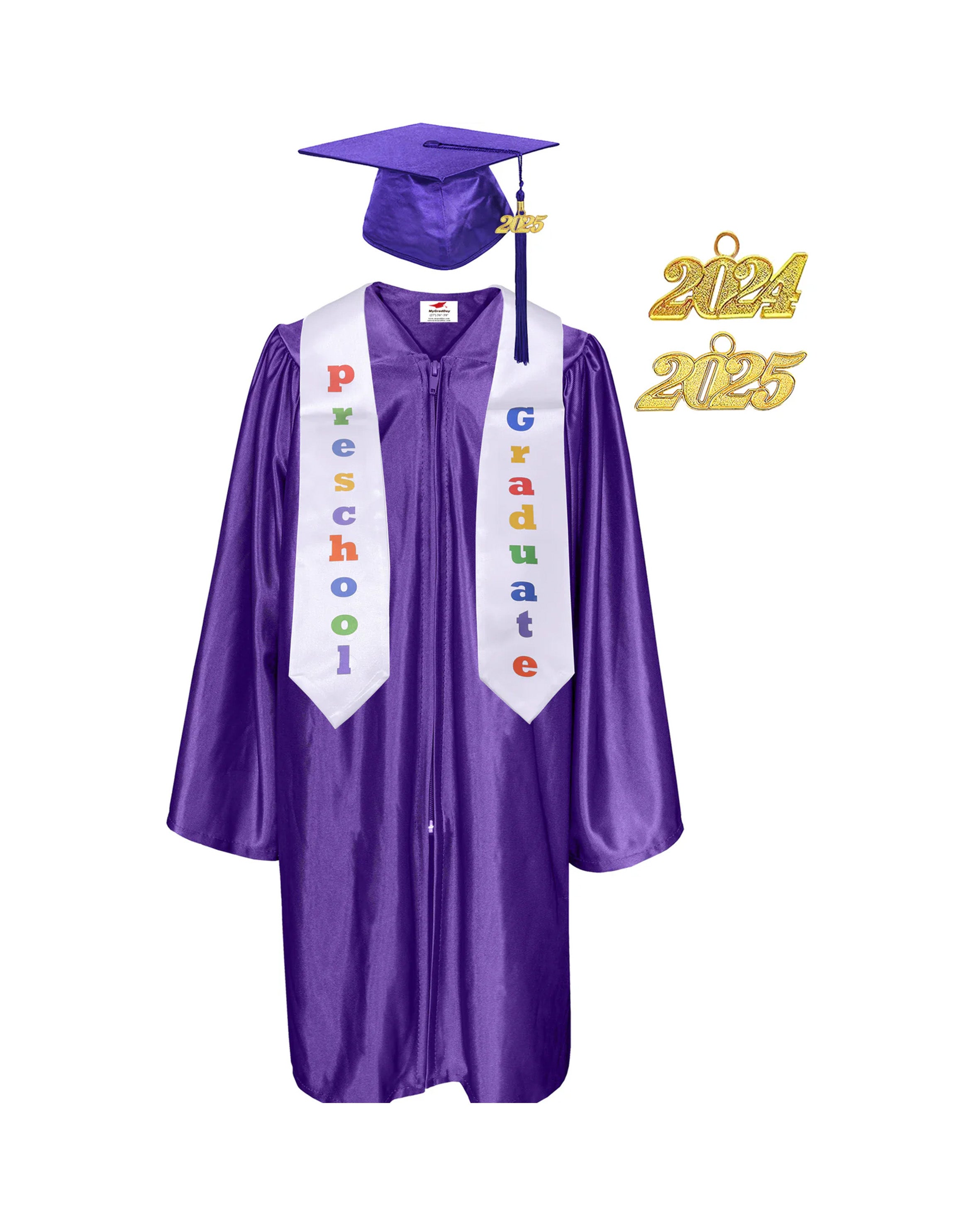Shiny Preschool and Kindergarten Graduation Gown & Cap Tassel with 2025 Year Charm and stole