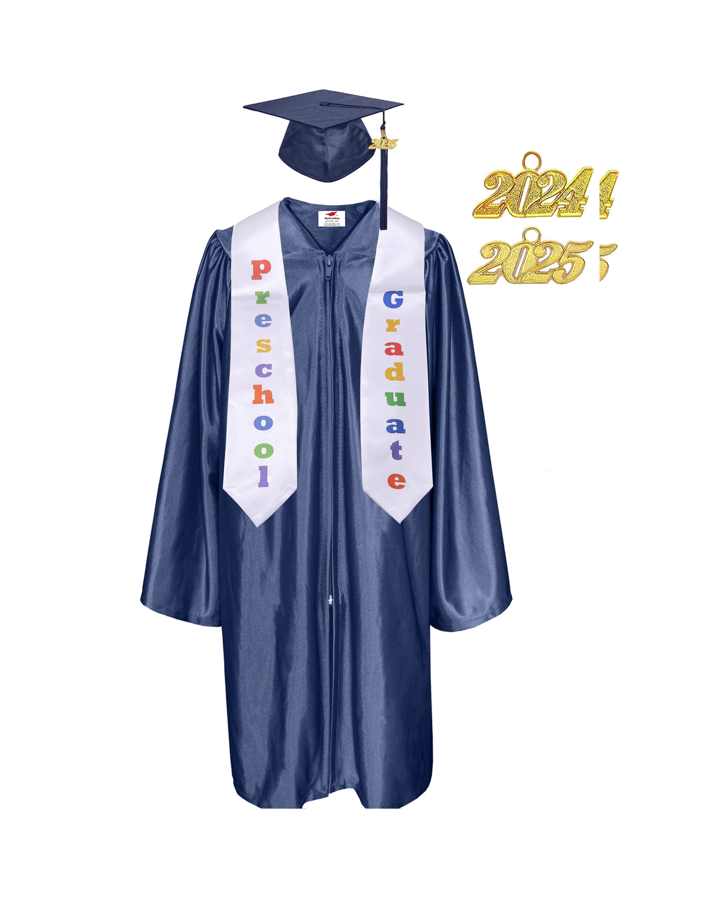Shiny Preschool and Kindergarten Graduation Gown & Cap Tassel with 2025 Year Charm and stole