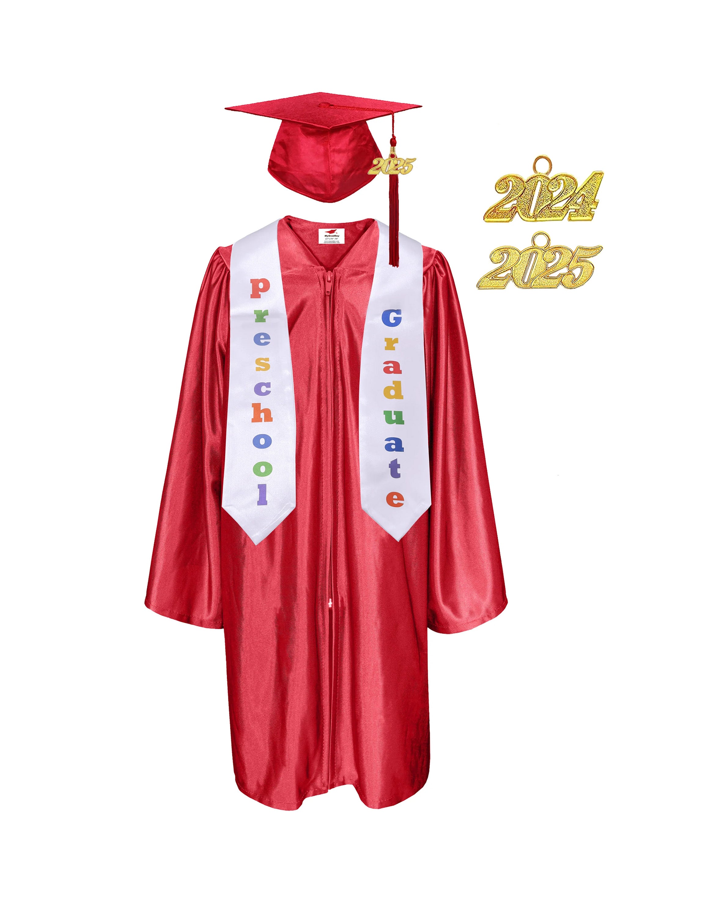 Shiny Preschool and Kindergarten Graduation Gown & Cap Tassel with 2025 Year Charm and stole