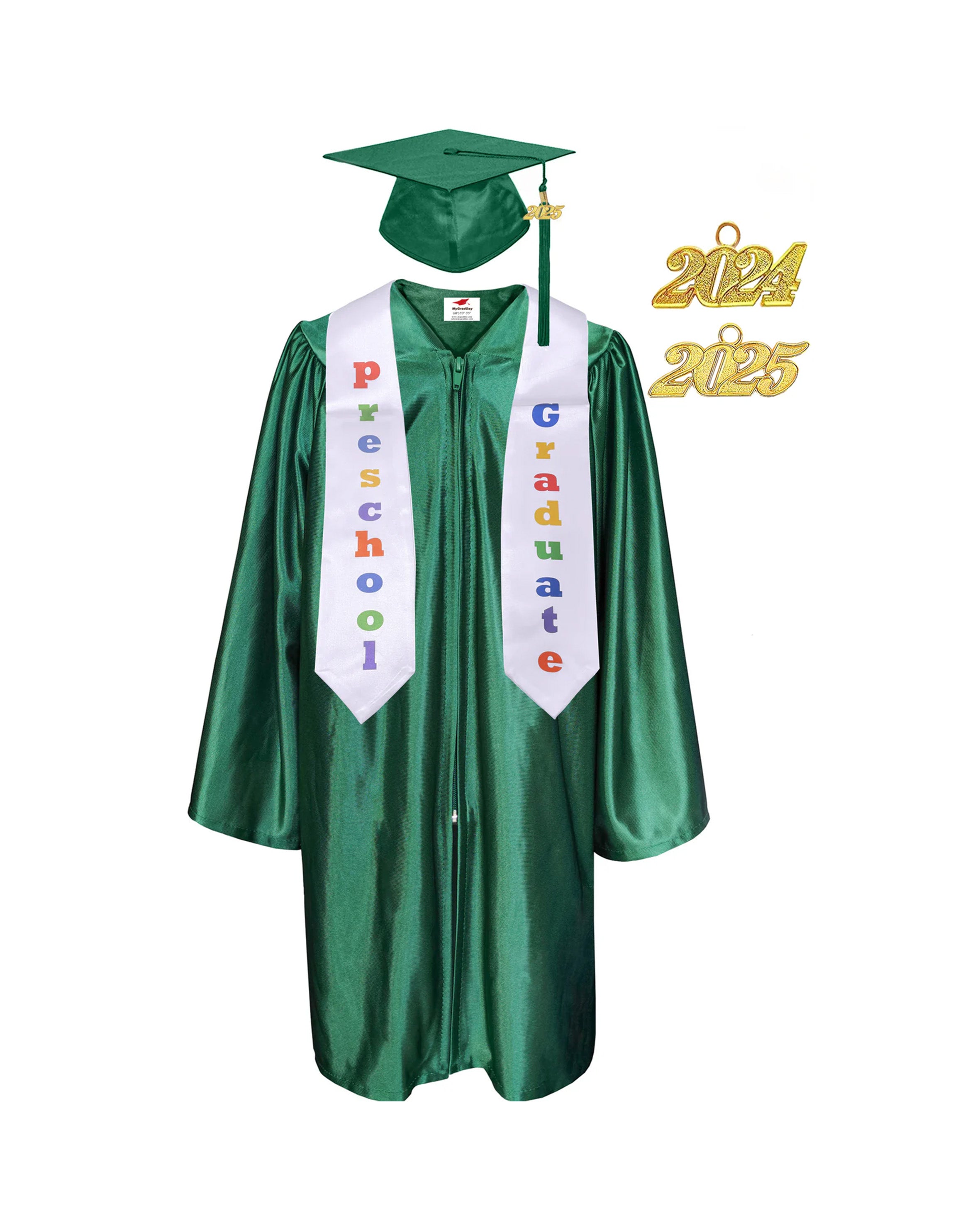 Shiny Preschool and Kindergarten Graduation Gown & Cap Tassel with 2025 Year Charm and stole