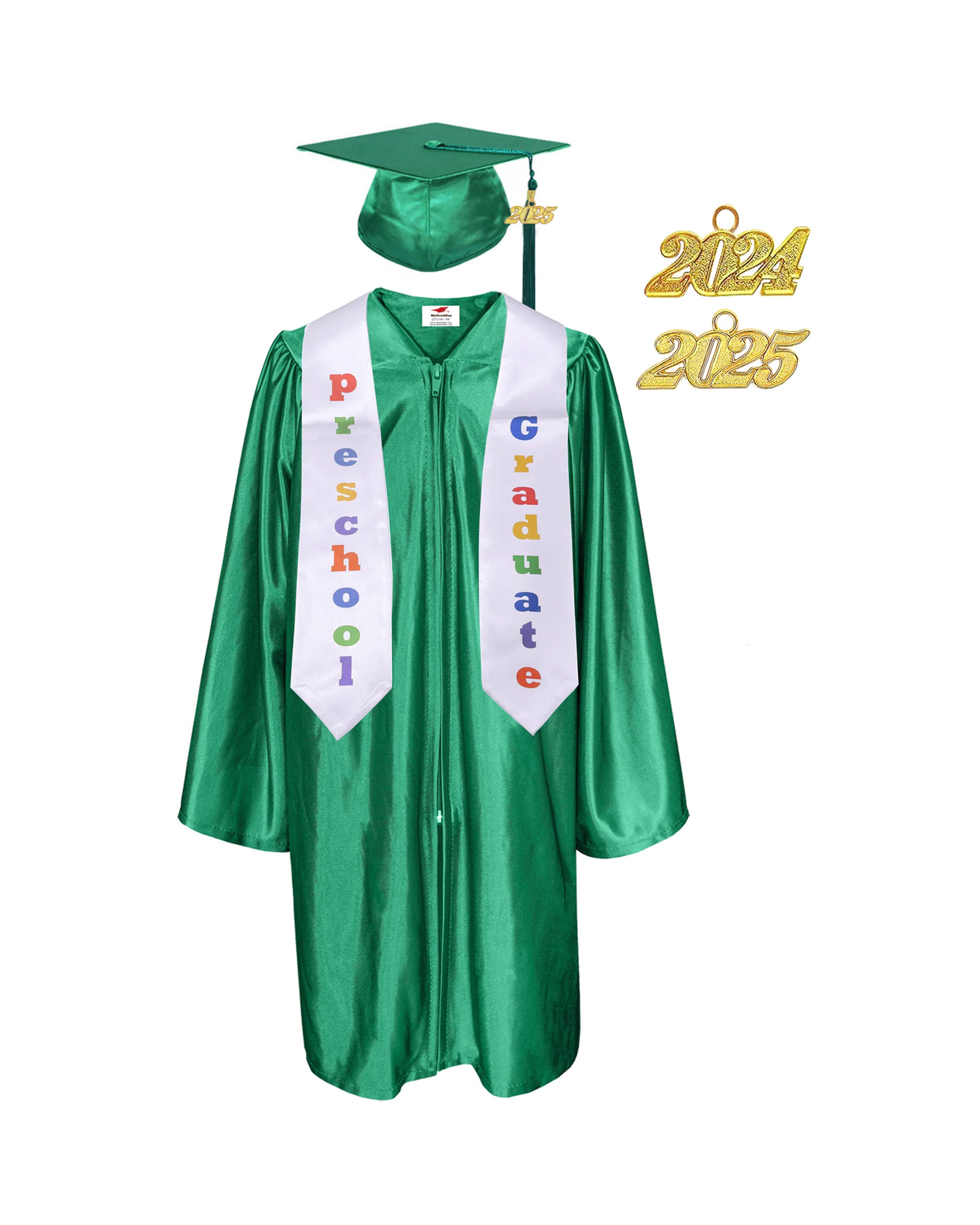 Shiny Preschool and Kindergarten Graduation Gown & Cap Tassel with 2025 Year Charm and stole