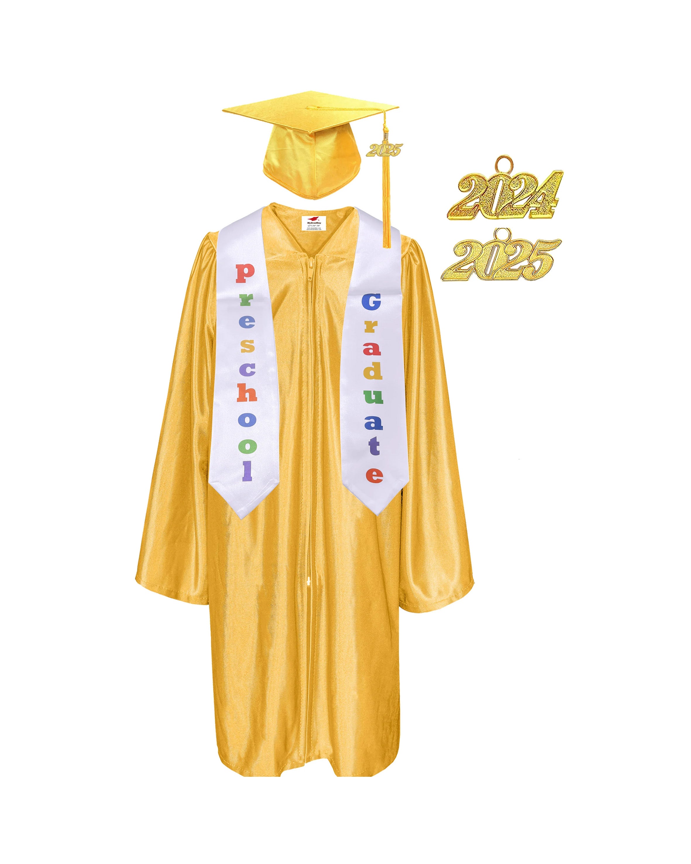 Shiny Preschool and Kindergarten Graduation Gown & Cap Tassel with 2025 Year Charm and stole