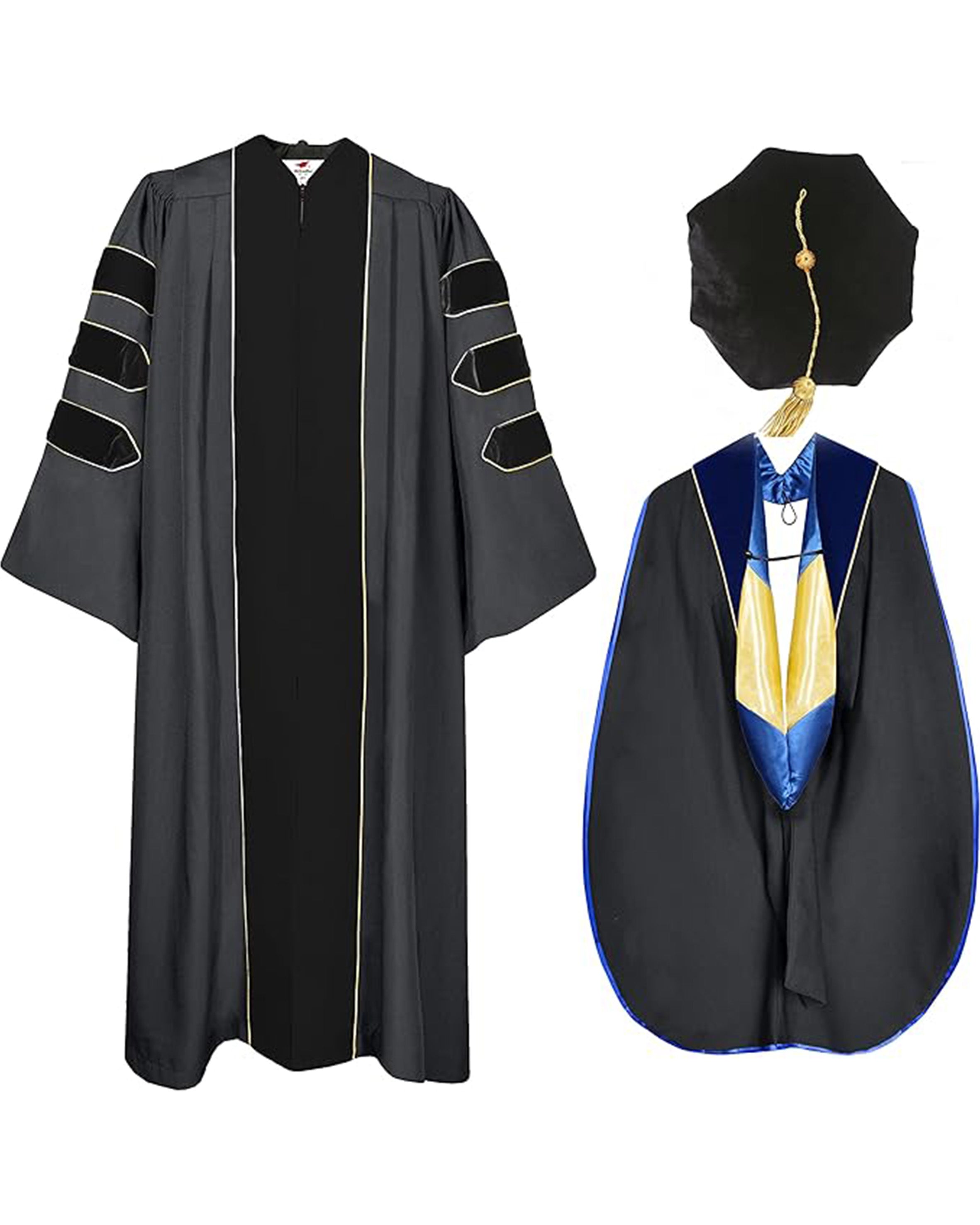 Deluxe Doctoral Graduation Gown with Gold Piping Plus Doctoral Tam and Deluxe Doctoral Graduation Gown with Gold Piping Plus Doctoral Tam and