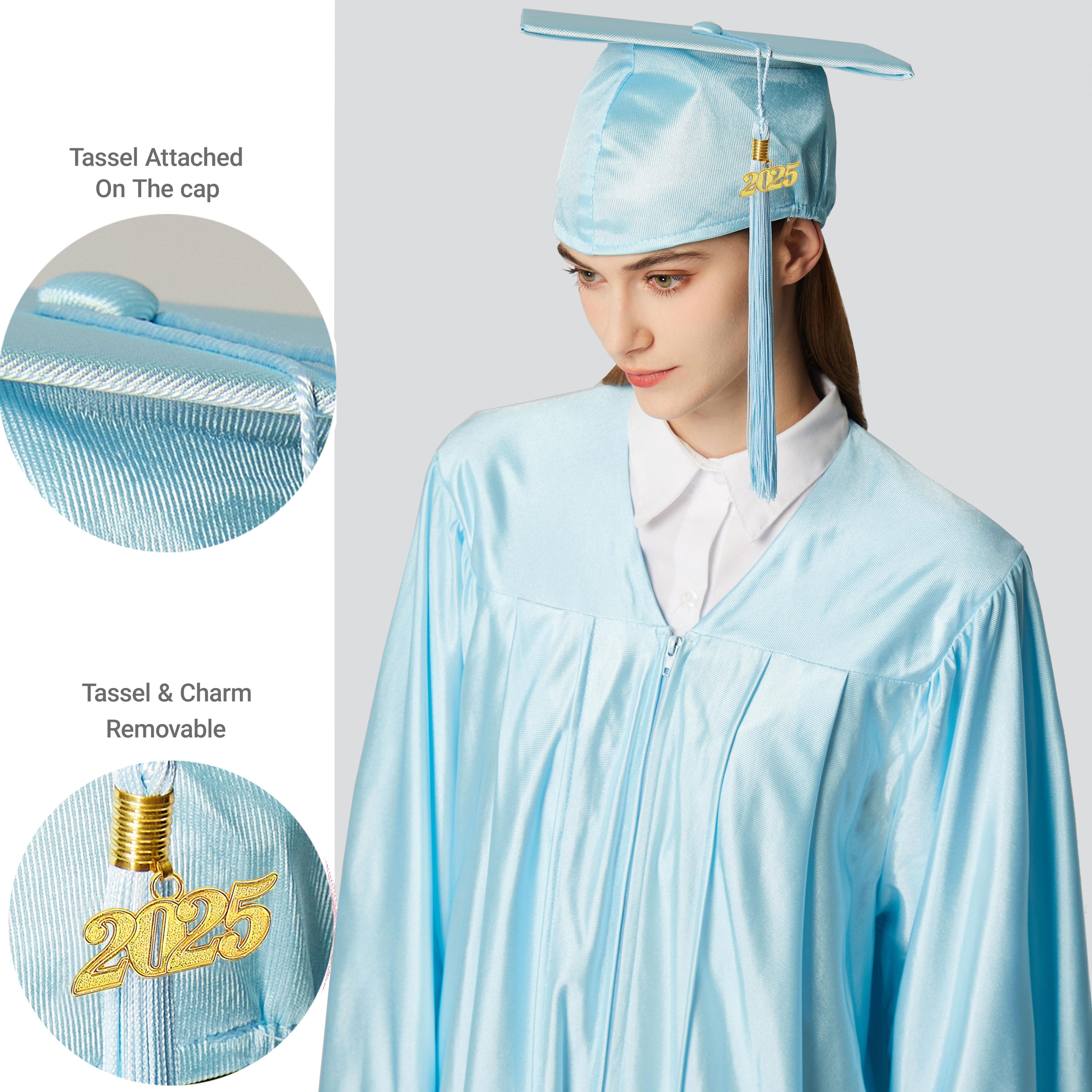 Unisex  Shiny Graduation Cap & Gown with Tassel 2025 Year Charm Rich Color
