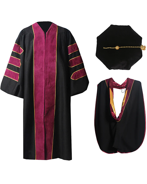 Deluxe Doctoral Graduation Gown with Gold Piping Plus Doctoral Tam and Doctoral Hood  Package