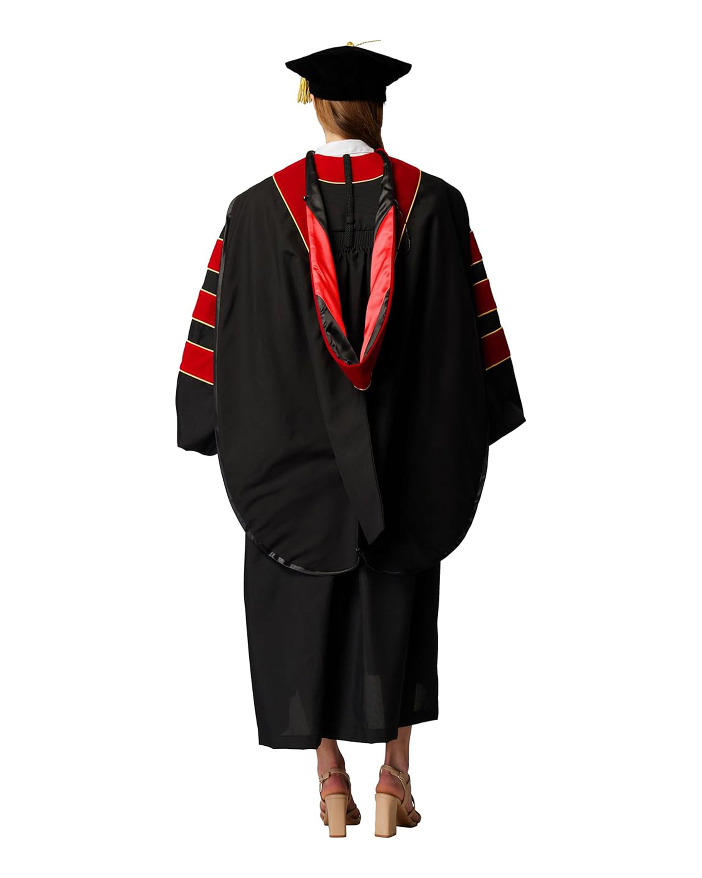 Deluxe Doctoral Graduation Gown with Gold Piping Plus Doctoral Tam and Doctoral Hood  Package