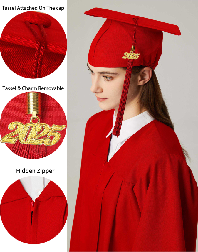 GraduationService Unisex  Matte Graduation Cap & Gown with Tassel 2025 Year Charm Rich Color