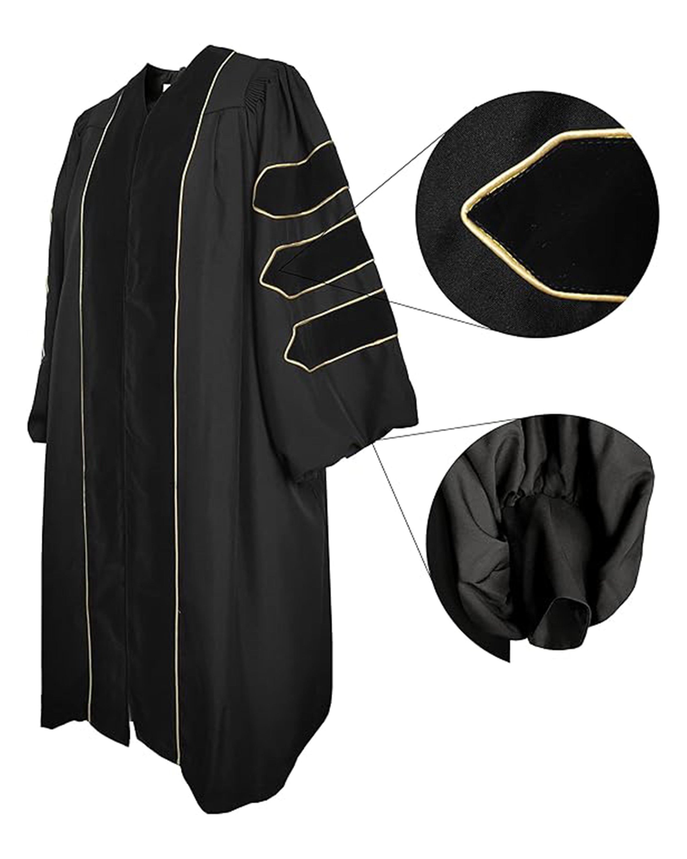 Deluxe Doctoral Graduation Gown with Gold Piping Plus Doctoral Tam and Doctoral Hood  Package