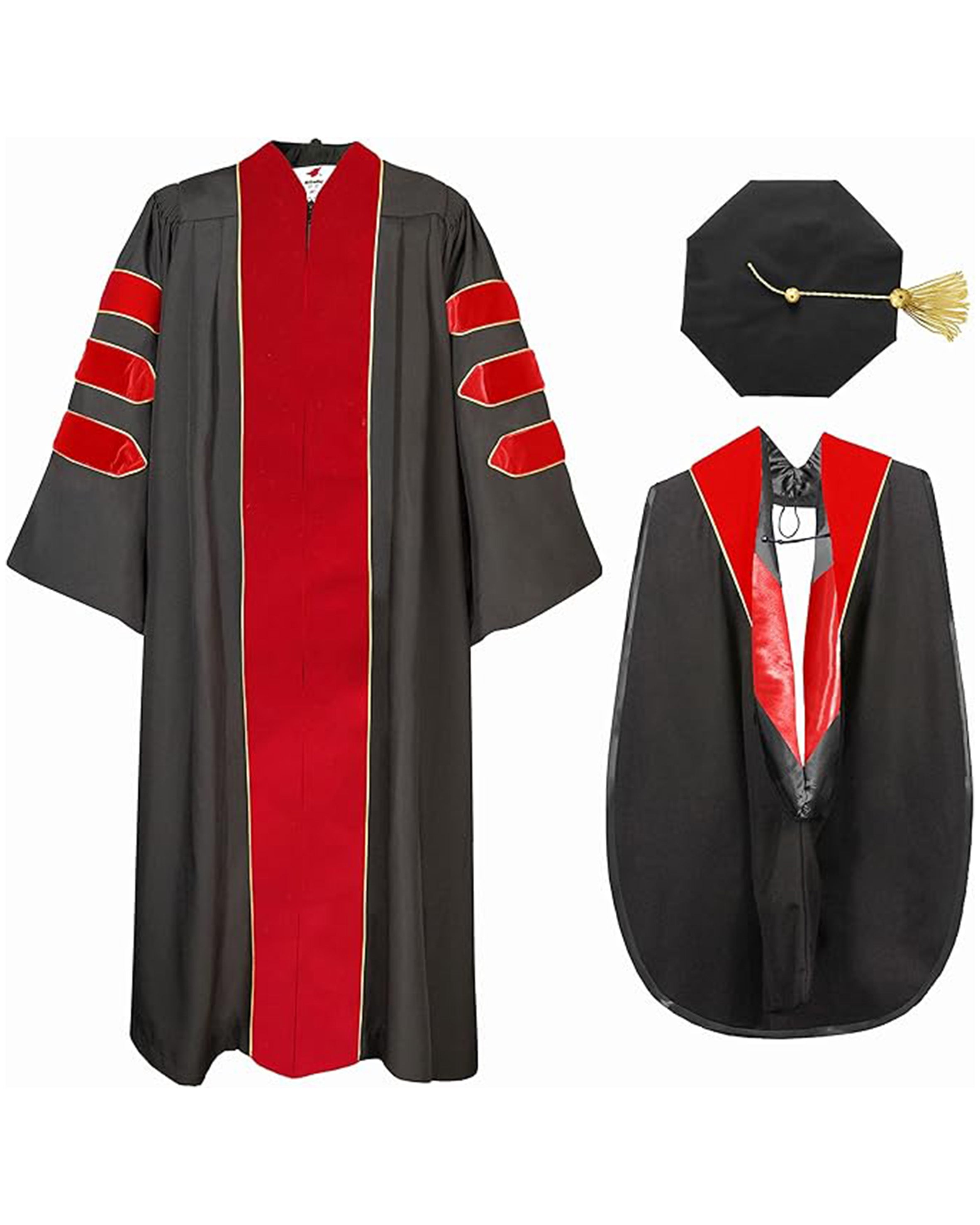 Deluxe Doctoral Graduation Gown with Gold Piping Plus Doctoral Tam and Doctoral Hood  Package