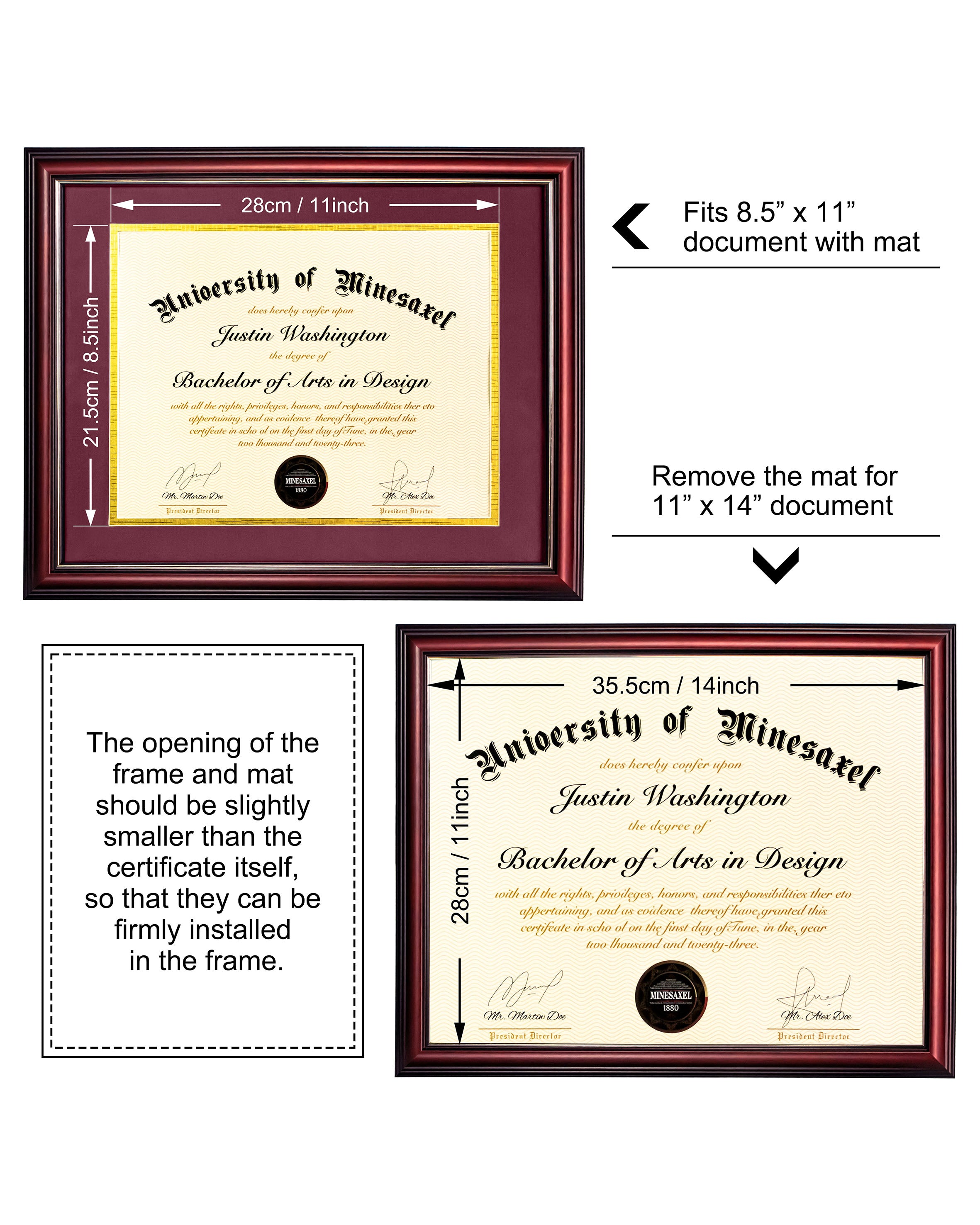 MyGradDay 8.5x11 Diploma Frame with Maroon over Gold Mat or Display 11x14 Document without Mat,Solid Wood & UV Protection Acrylic,Mahogany Degree Certificate Frame
