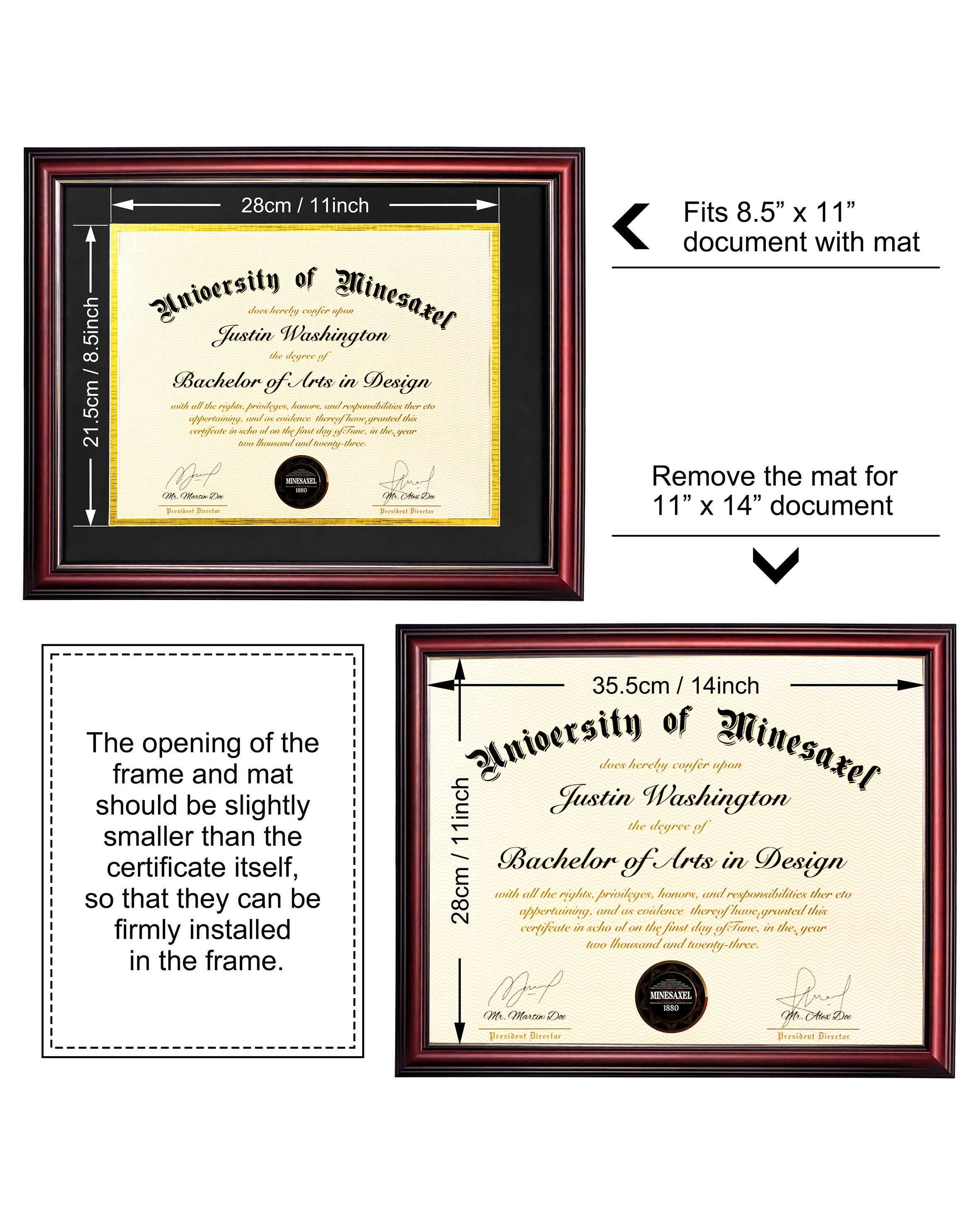MyGradDay 8.5x11 Diploma Frame with Maroon over Gold Mat or Display 11x14 Document without Mat,Solid Wood & UV Protection Acrylic,Mahogany Degree Certificate Frame