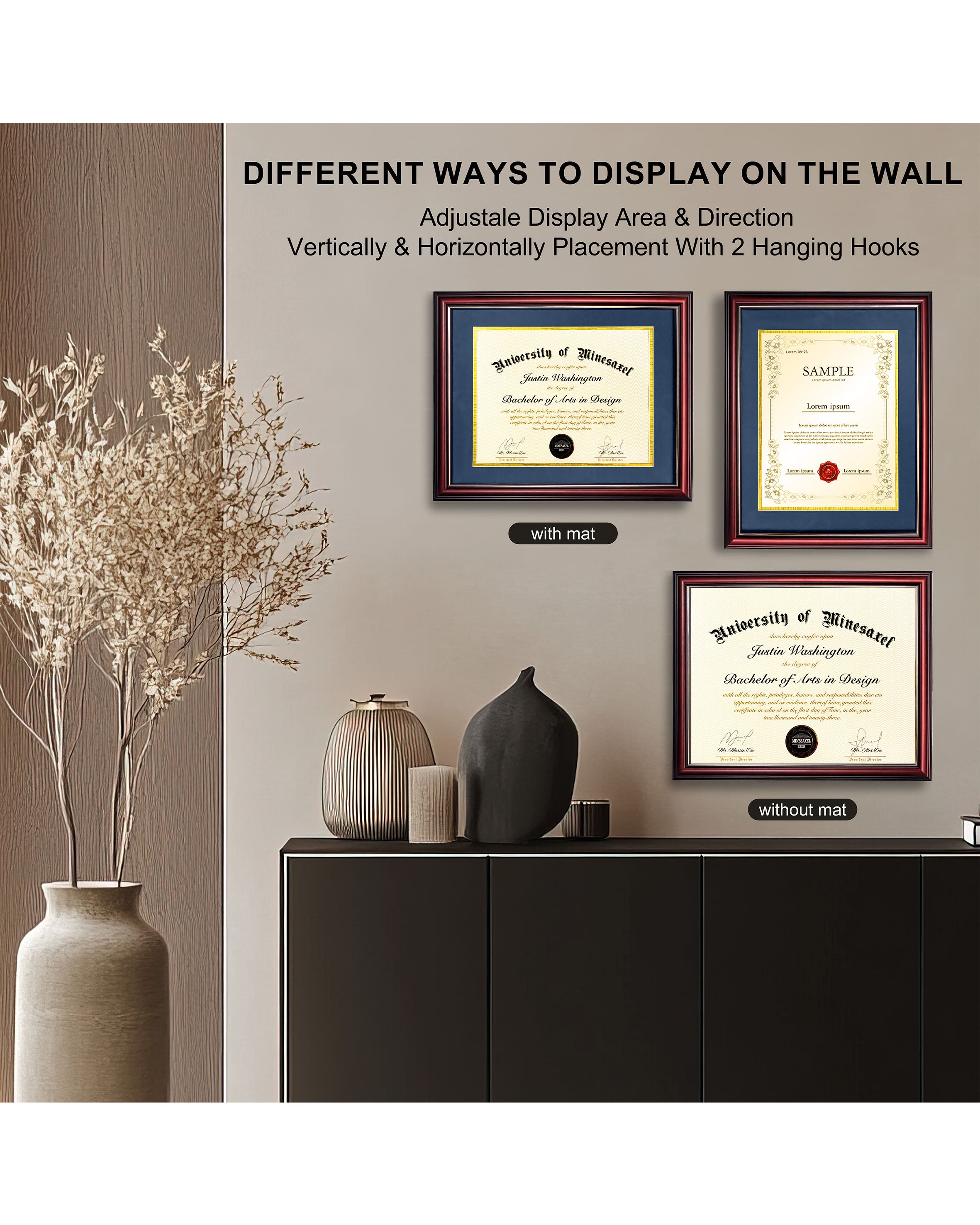 MyGradDay 8.5x11 Diploma Frame with Maroon over Gold Mat or Display 11x14 Document without Mat,Solid Wood & UV Protection Acrylic,Mahogany Degree Certificate Frame