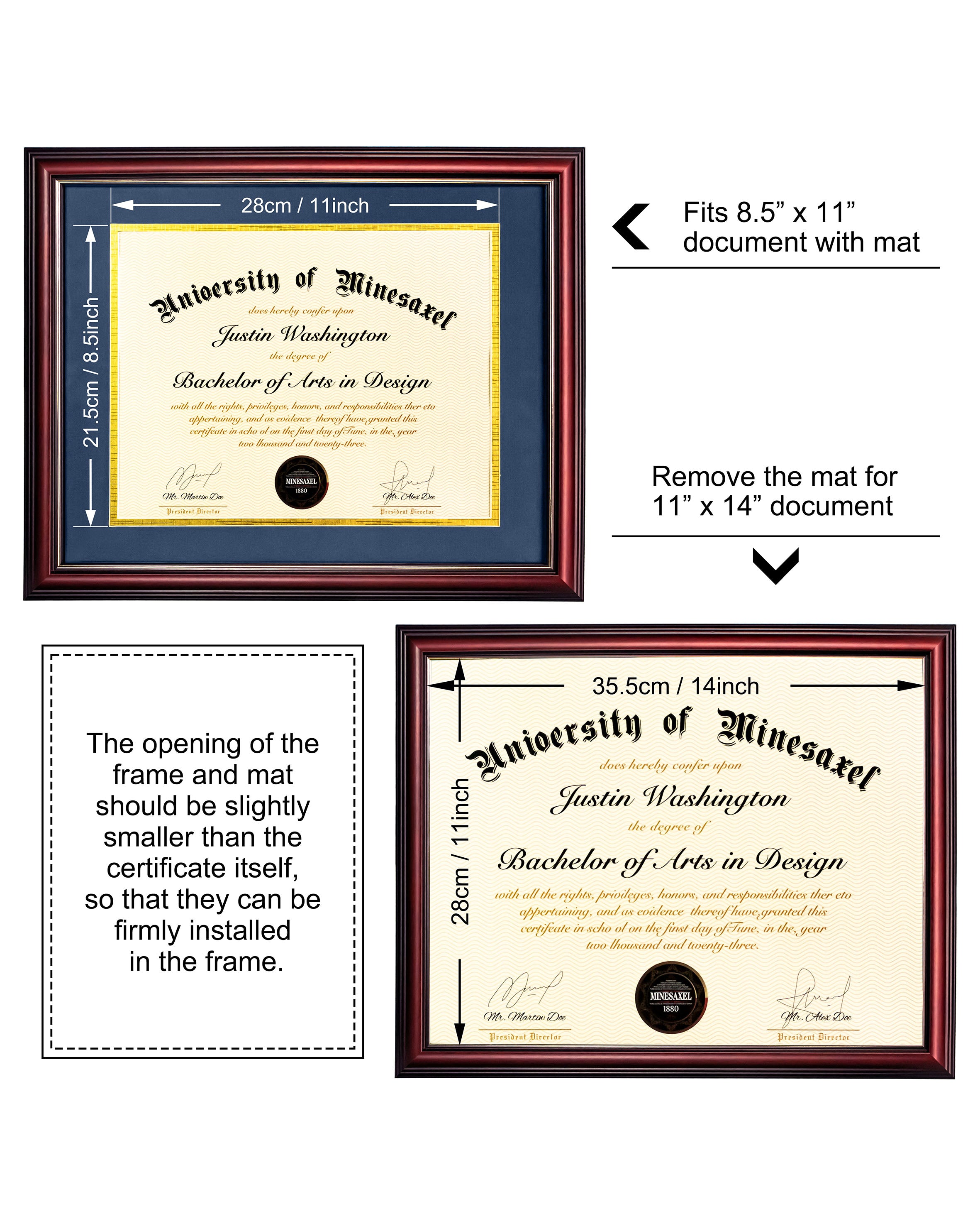 MyGradDay 8.5x11 Diploma Frame with Maroon over Gold Mat or Display 11x14 Document without Mat,Solid Wood & UV Protection Acrylic,Mahogany Degree Certificate Frame
