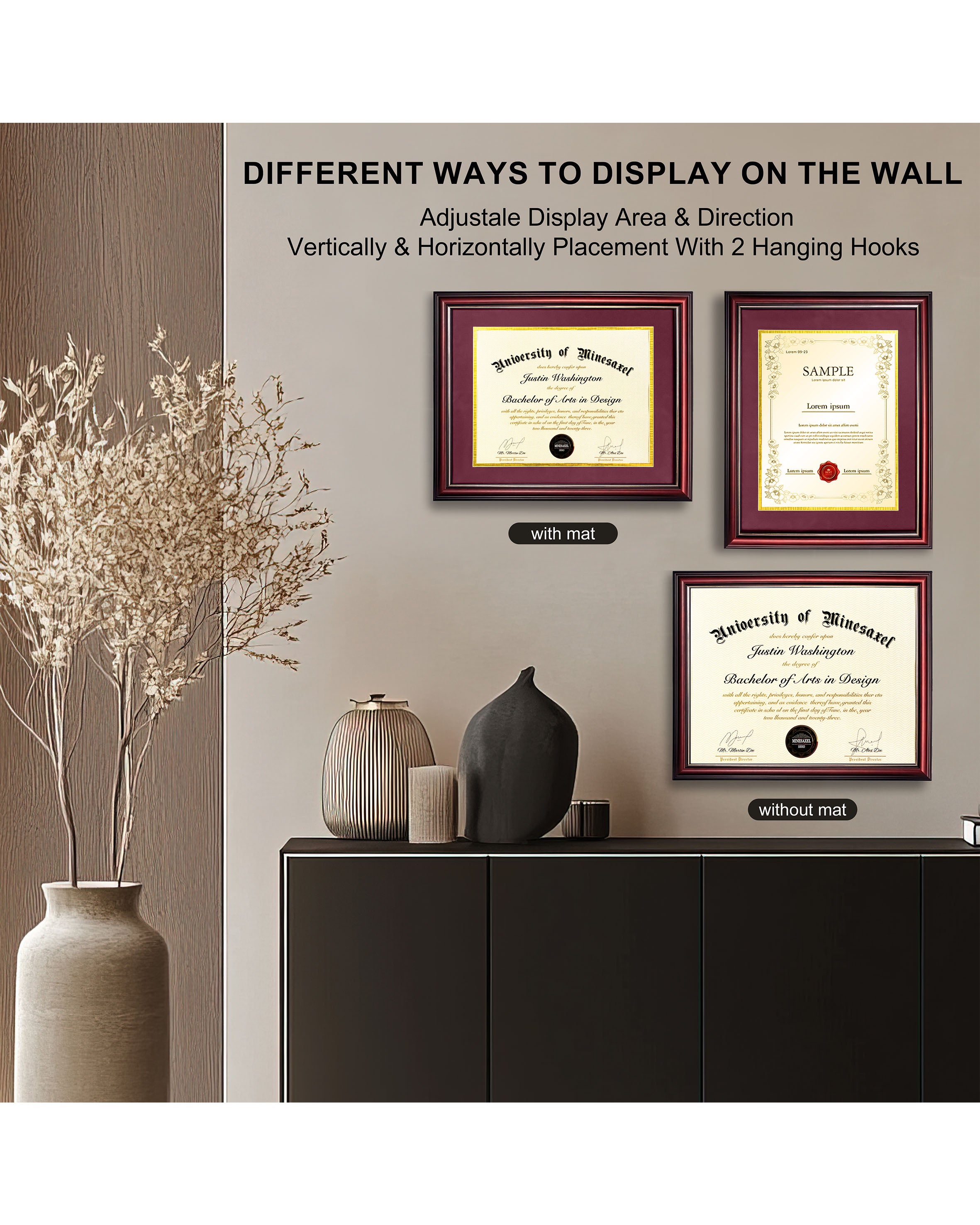 MyGradDay 8.5x11 Diploma Frame with Maroon over Gold Mat or Display 11x14 Document without Mat,Solid Wood & UV Protection Acrylic,Mahogany Degree Certificate Frame