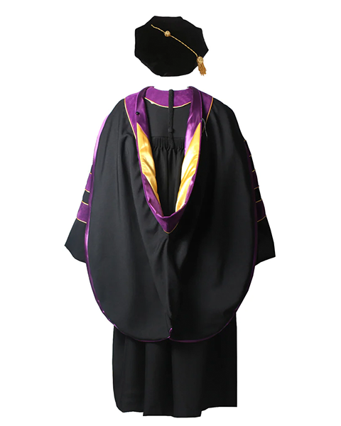 Deluxe Doctoral Graduation Gown with Gold Piping Plus Doctoral Tam and Doctoral Hood  Package