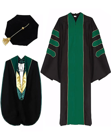 Deluxe Doctoral Graduation Gown with Gold Piping Plus Doctoral Tam and Doctoral Hood  Package