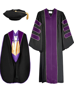 Deluxe Doctoral Graduation Gown with Gold Piping Plus Doctoral Tam and Doctoral Hood  Package
