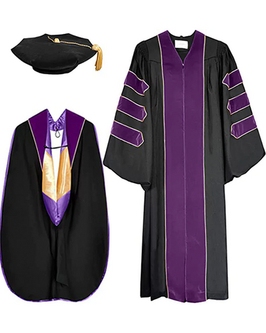 Deluxe Doctoral Graduation Gown with Gold Piping Plus Doctoral Tam and Doctoral Hood  Package