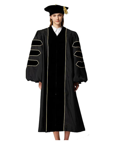 Deluxe Doctoral Graduation Gown with Gold Piping and Doctoral Tam Package (Black Velvet)