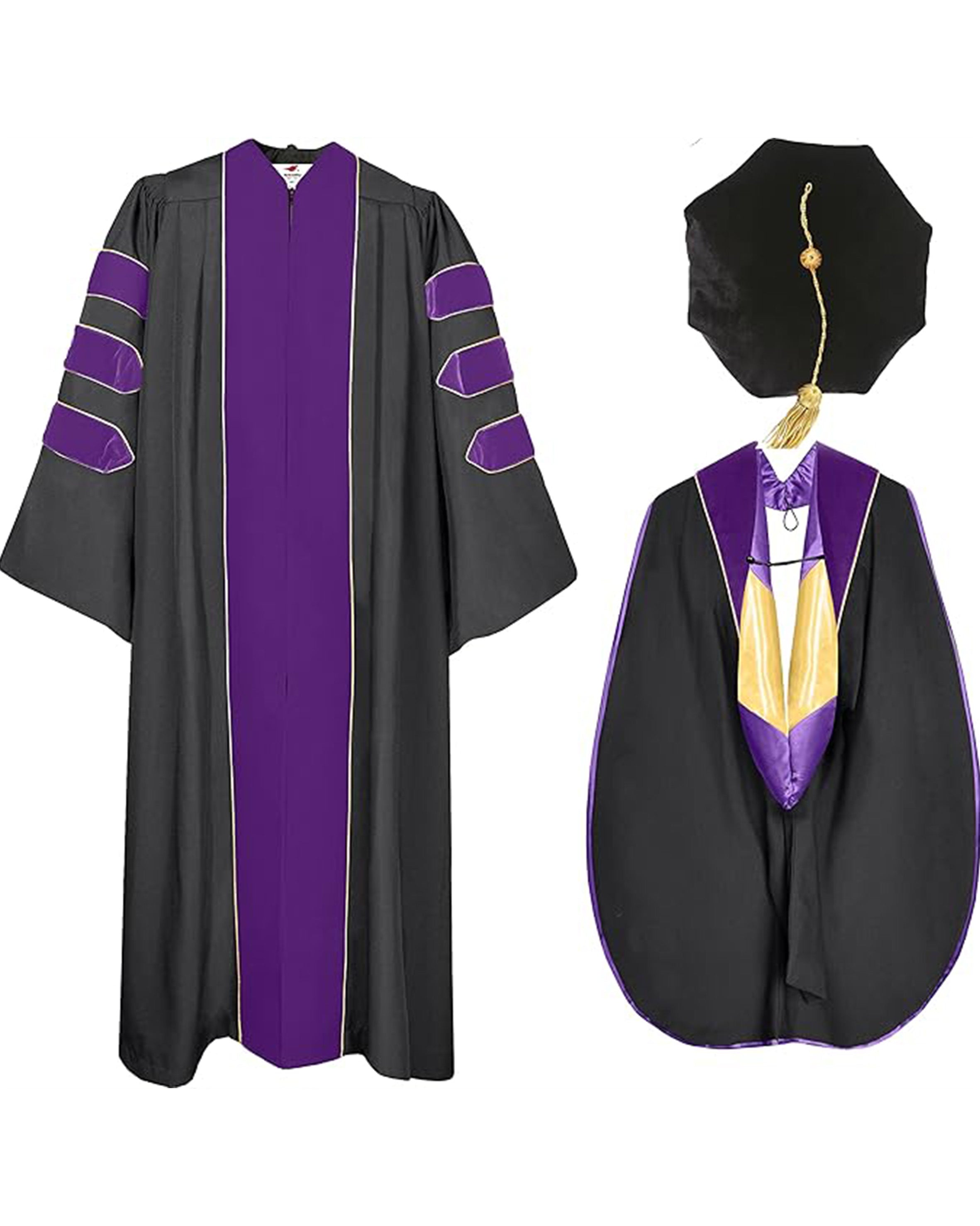 Deluxe Doctoral Graduation Gown with Gold Piping Plus Doctoral Tam and Doctoral Hood  Package