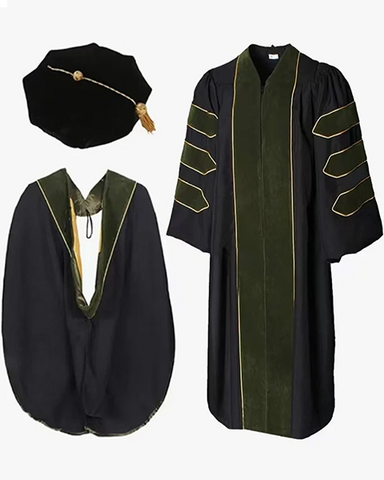 Deluxe Doctoral Graduation Gown with Gold Piping Plus Doctoral Tam and Doctoral Hood  Package