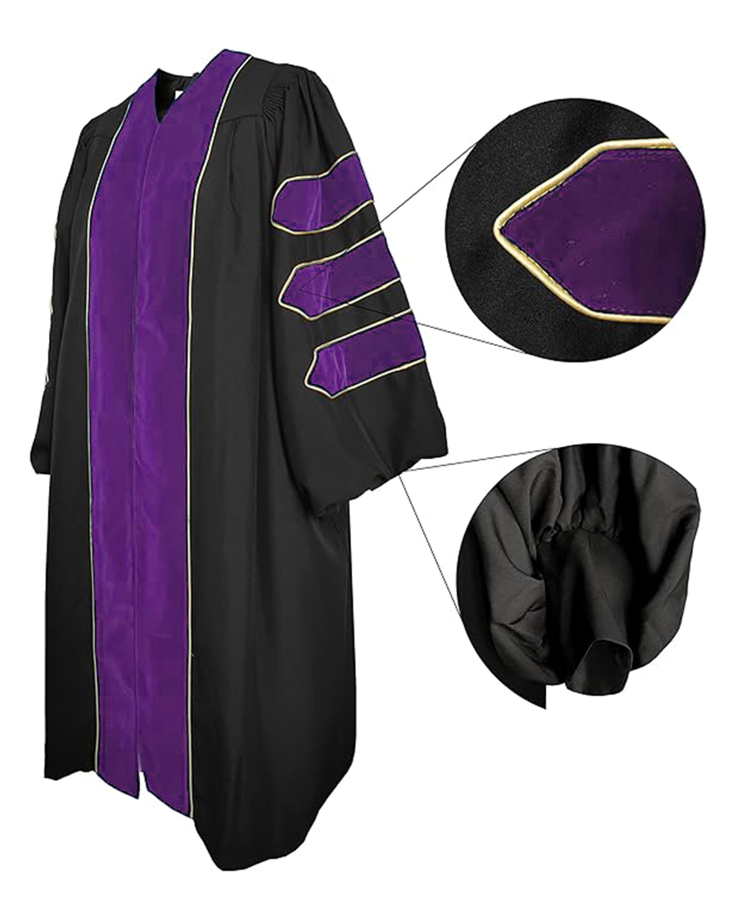 Deluxe Doctoral Graduation Gown with Gold Piping Plus Doctoral Tam and Doctoral Hood  Package