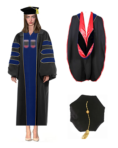 Customized Doctoral Graduation Gown Black-8S Tam & Black Hood
