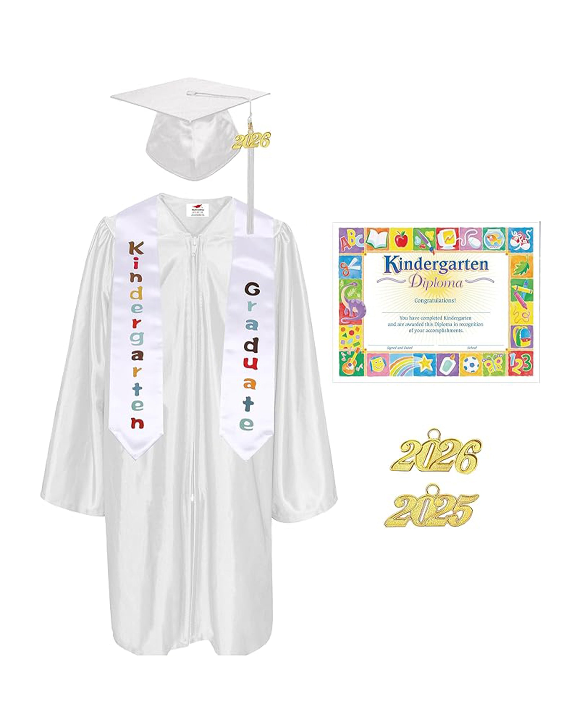 MyGradDay Kindergarten Graduation Cap Gown Stole Package with 2026 Tassel, Certificate