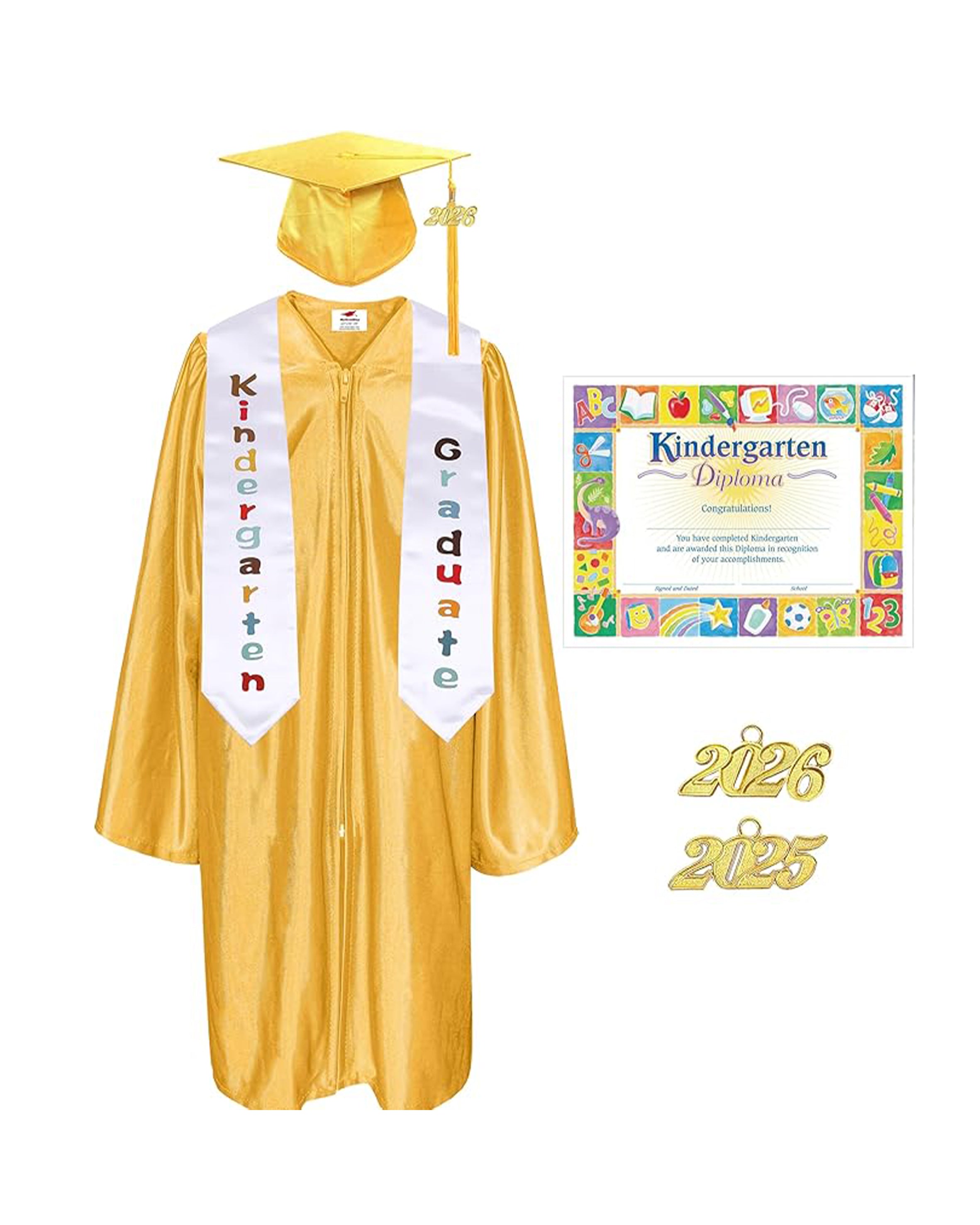 MyGradDay Kindergarten Graduation Cap Gown Stole Package with 2026 Tassel, Certificate