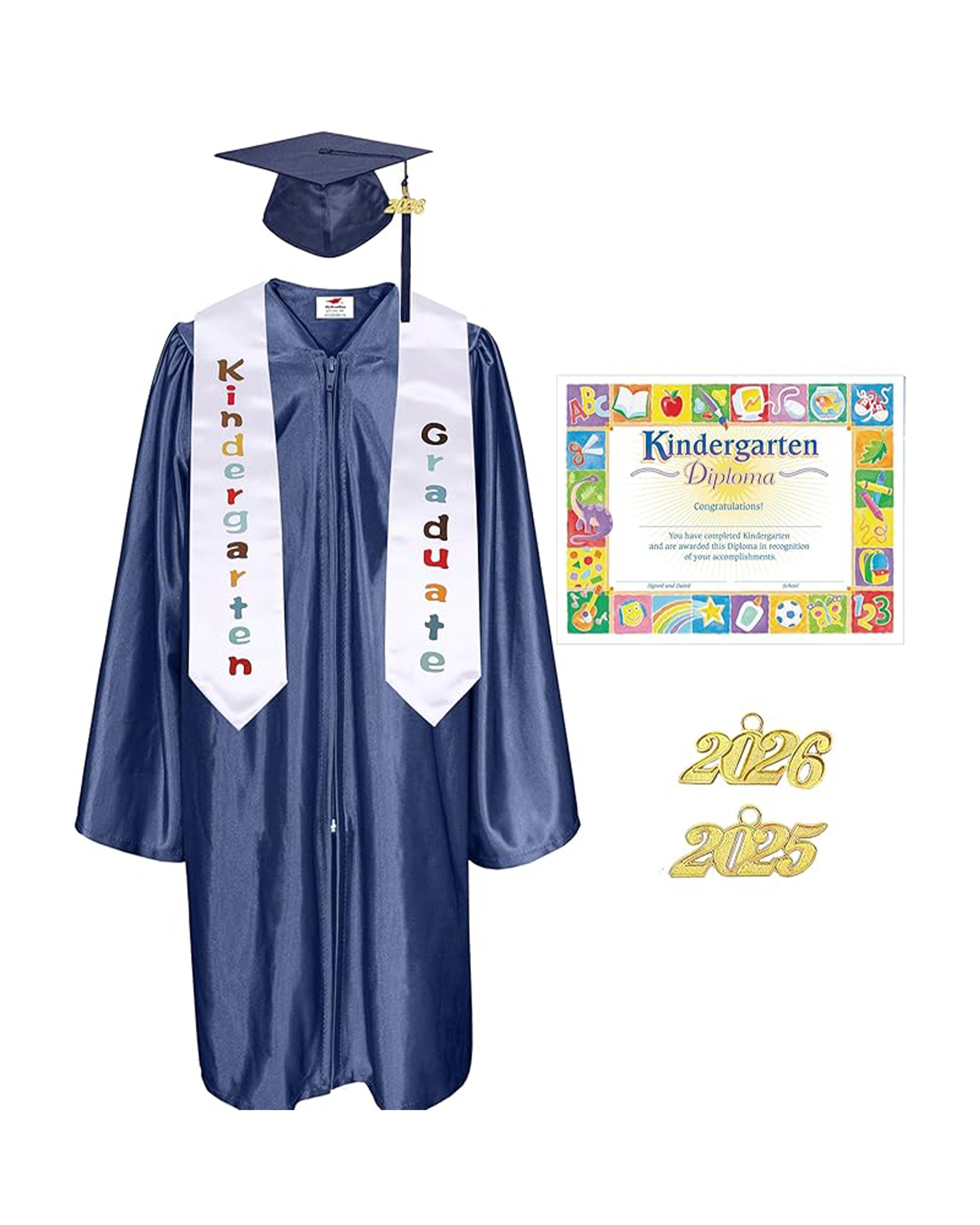 MyGradDay Kindergarten Graduation Cap Gown Stole Package with 2026 Tassel, Certificate