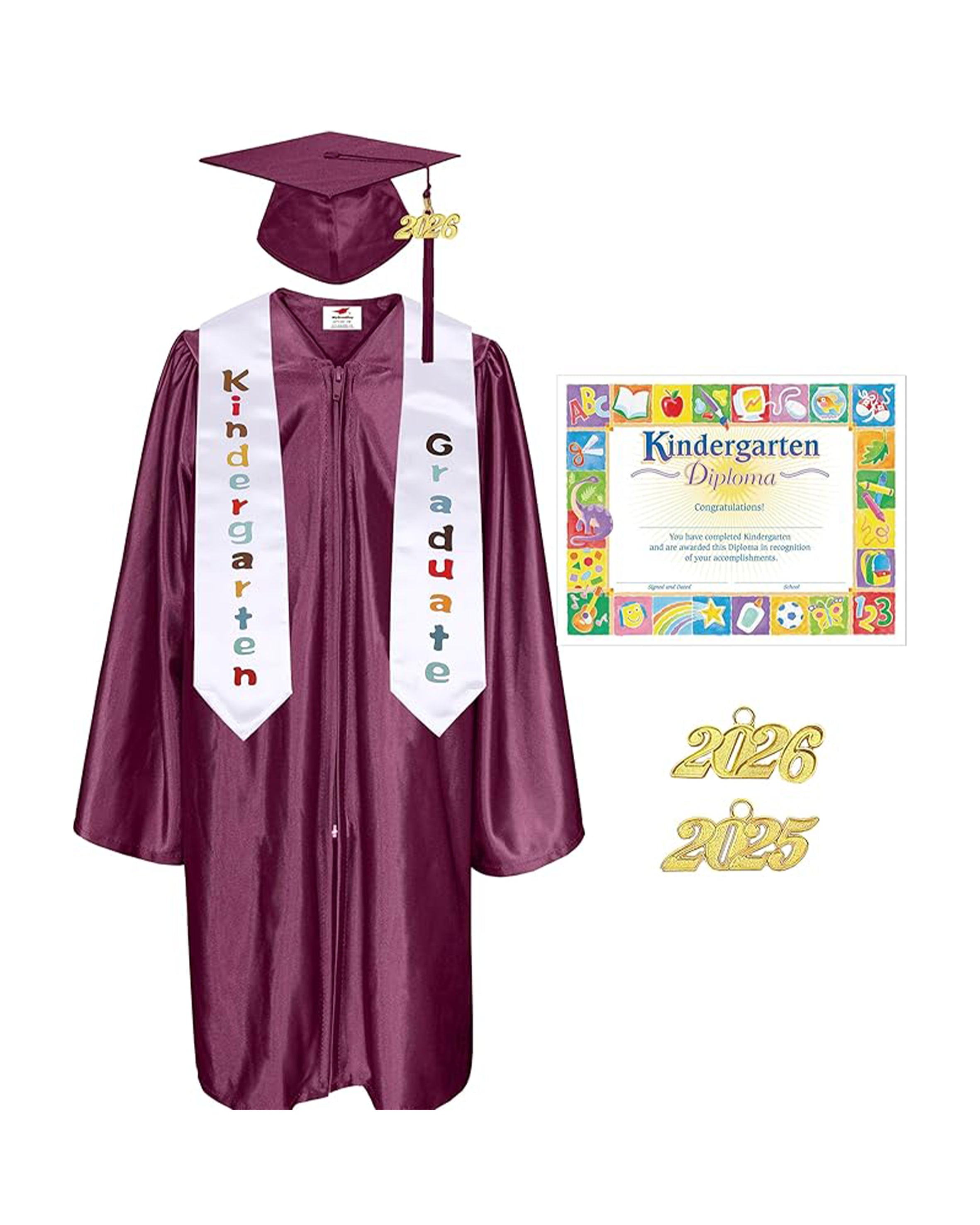 MyGradDay Kindergarten Graduation Cap Gown Stole Package with 2026 Tassel, Certificate