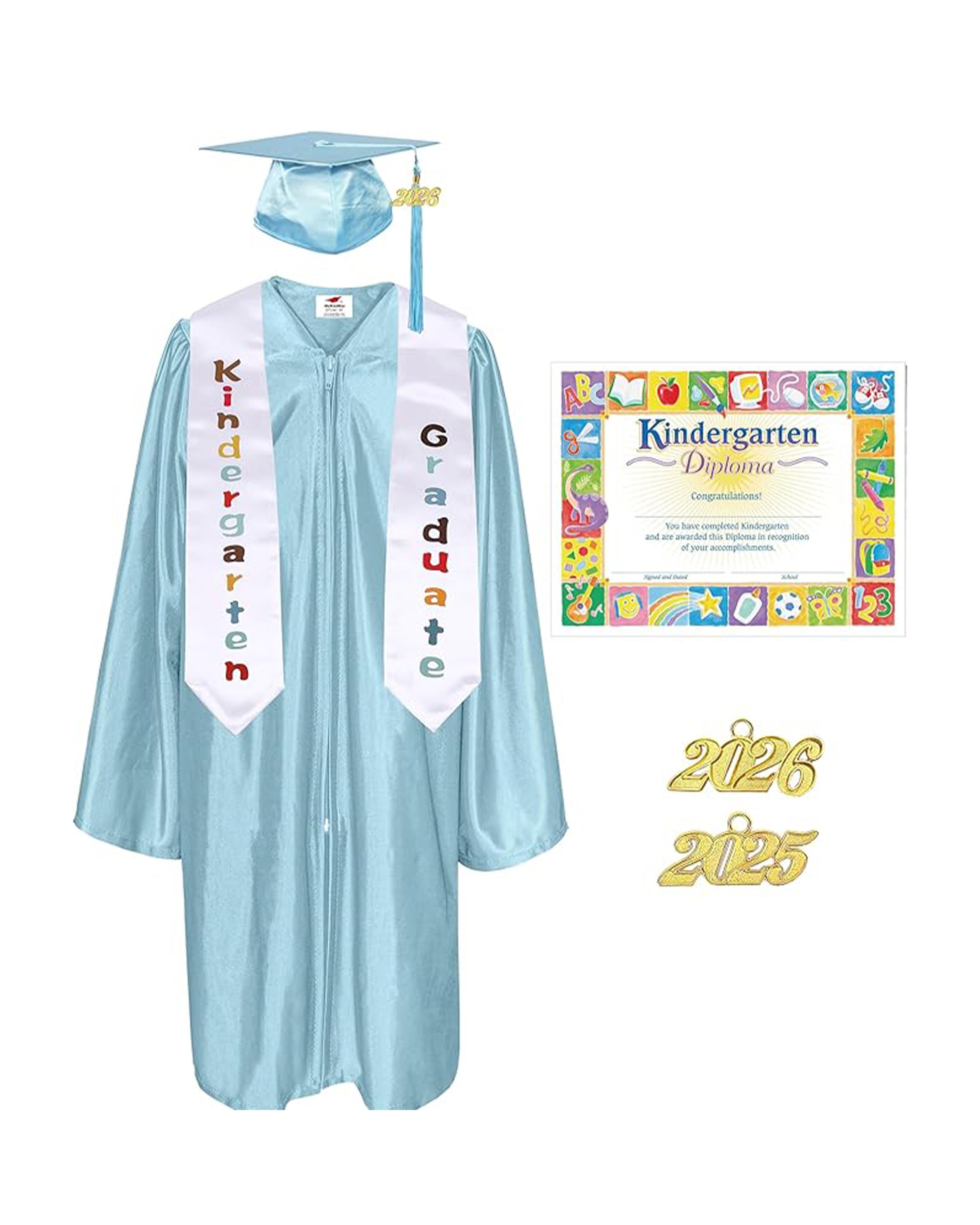 MyGradDay Kindergarten Graduation Cap Gown Stole Package with 2026 Tassel, Certificate