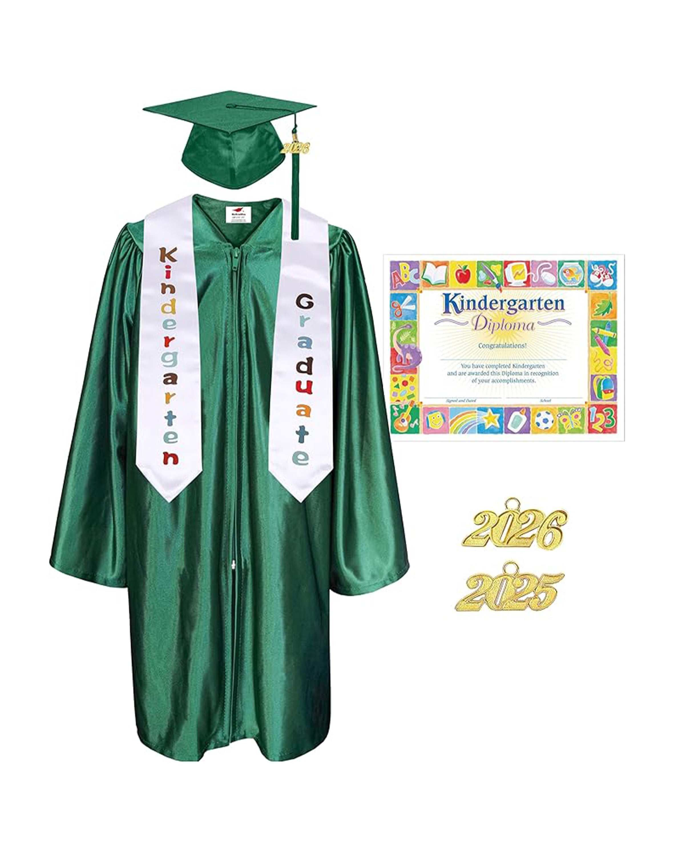 MyGradDay Kindergarten Graduation Cap Gown Stole Package with 2026 Tassel, Certificate