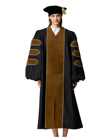Deluxe Doctoral Graduation Gown with Gold Piping and Doctoral Tam Package (Brown Velvet)
