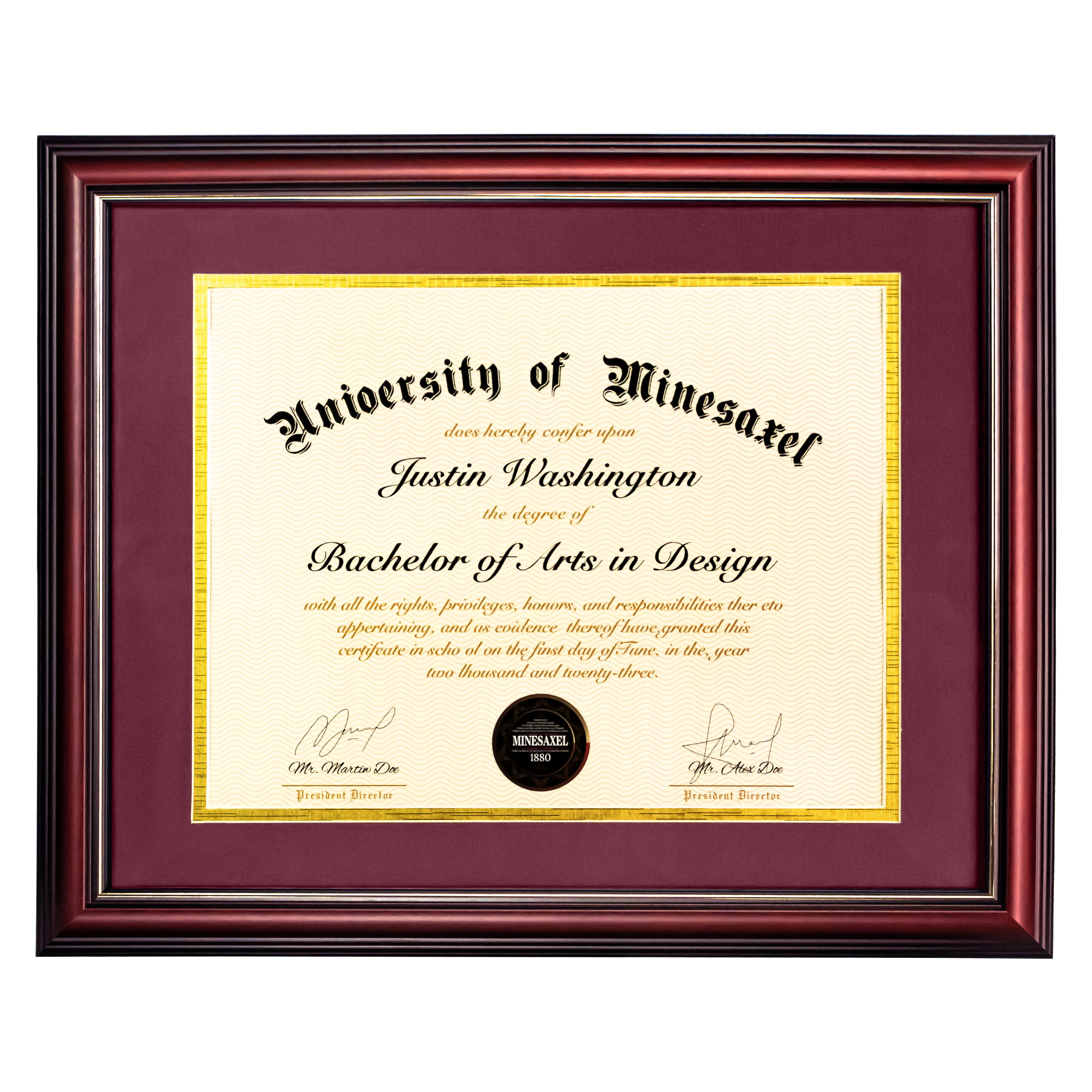 MyGradDay 8.5x11 Diploma Frame with Maroon over Gold Mat or Display 11x14 Document without Mat,Solid Wood & UV Protection Acrylic,Mahogany Degree Certificate Frame