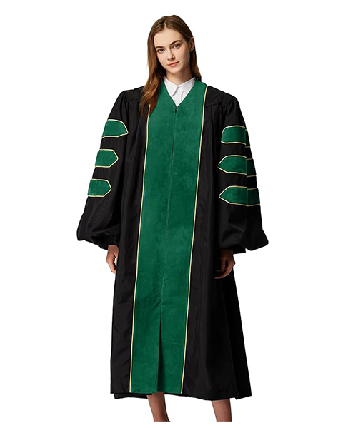 Deluxe Doctoral Graduation Gown|Graduation Regalia|PHD Gown with Gold Piping (Emerald Green Velvet)