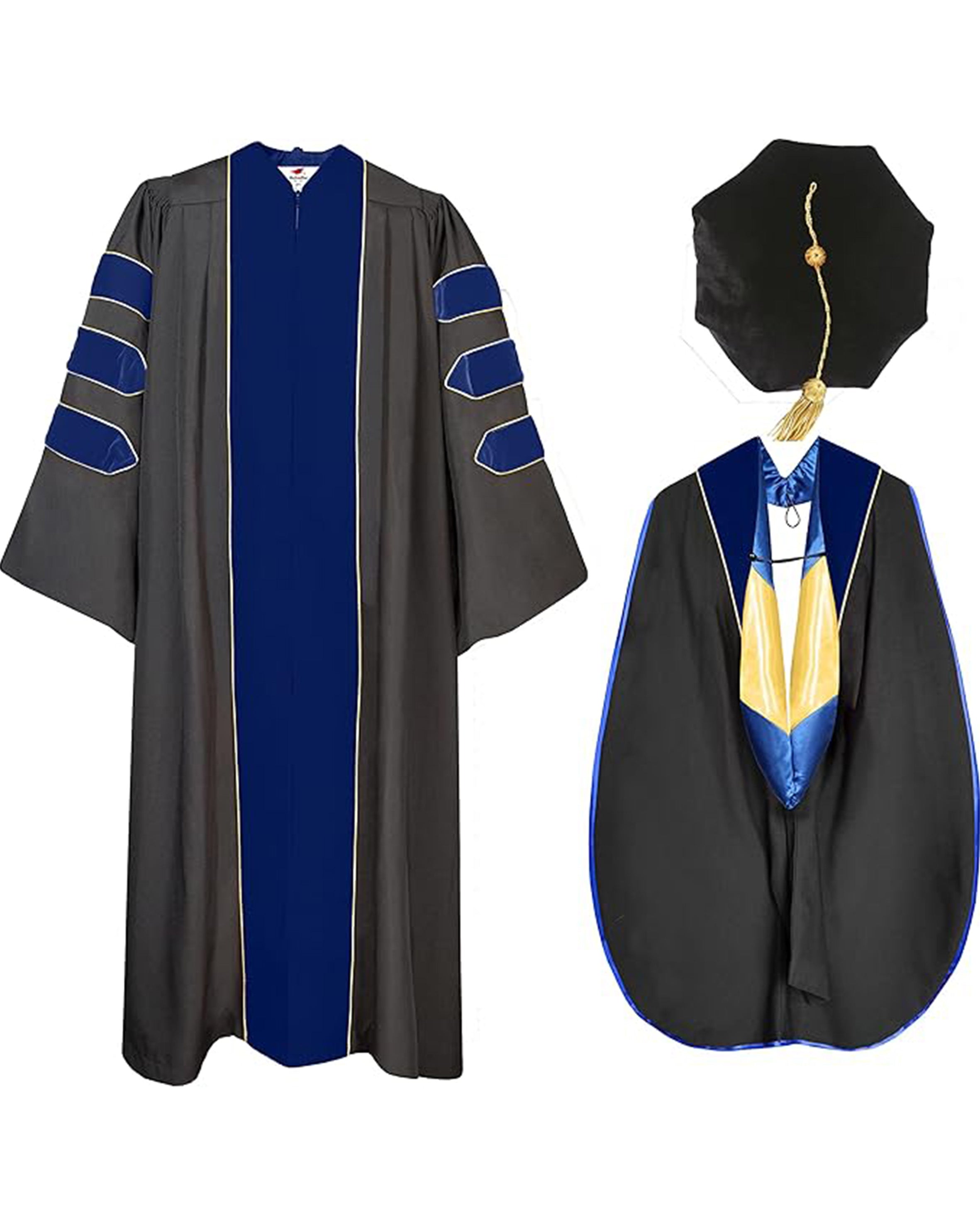 Deluxe Doctoral Graduation Gown with Gold Piping Plus Doctoral Tam and Doctoral Hood  Package