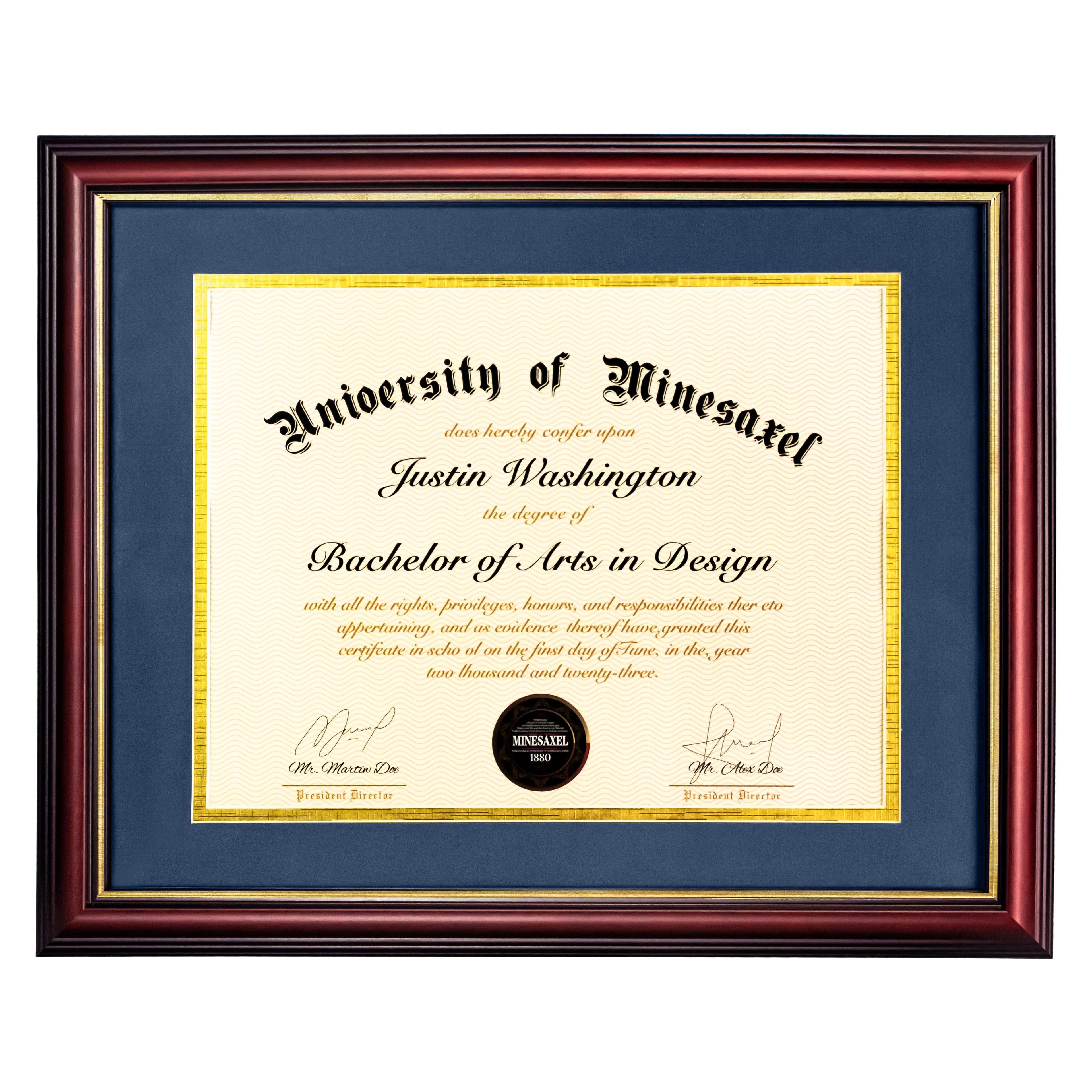 MyGradDay 8.5x11 Diploma Frame with Maroon over Gold Mat or Display 11x14 Document without Mat,Solid Wood & UV Protection Acrylic,Mahogany Degree Certificate Frame